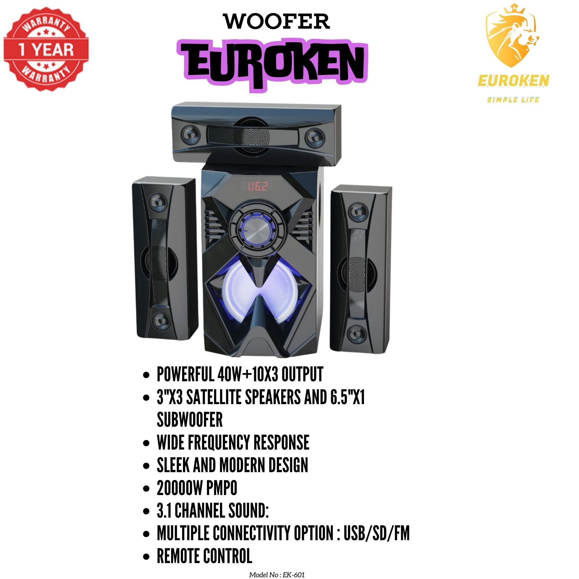 【Exclusive Offer】NEW EUROKEN EK-601 3.1CH With 20,000 PMPO Subwoofer Speaker  Home Theatre Audio System  With Remote Control BLUETOOTH/USB/SD/FM