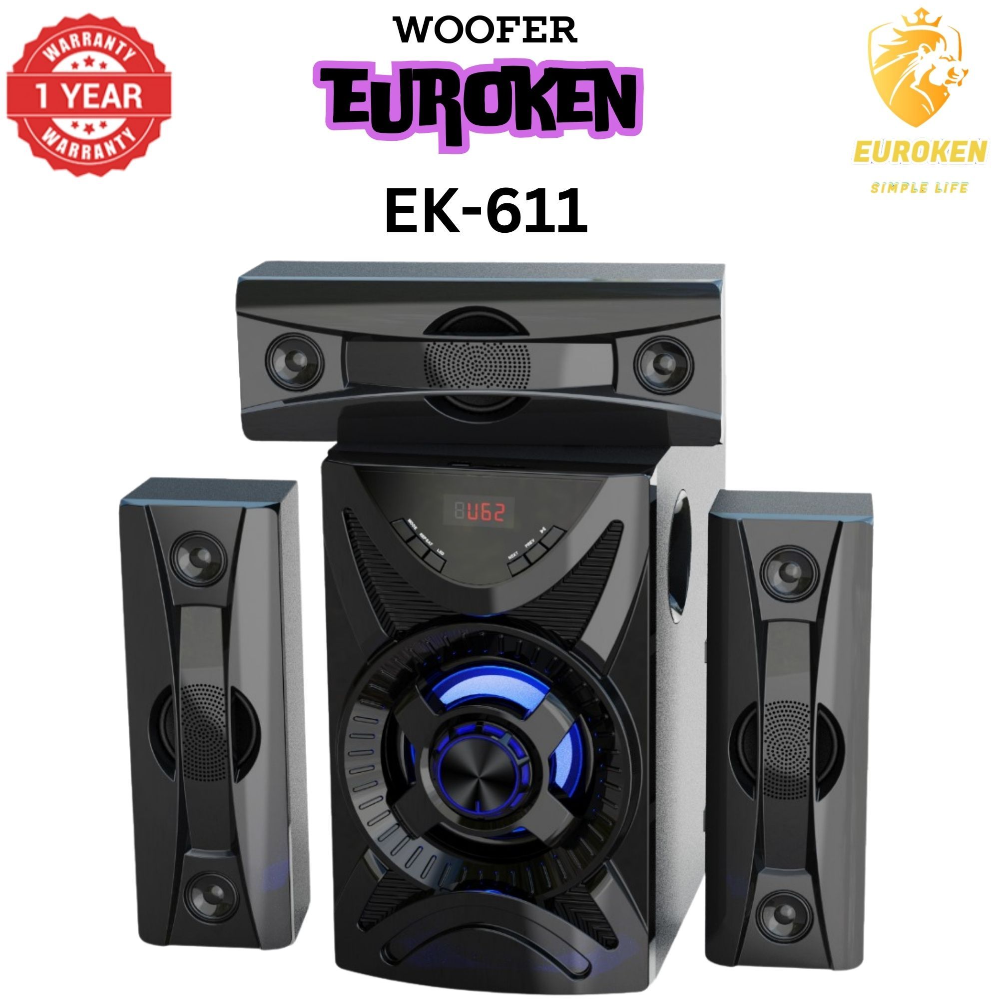 【Exclusive Offer】NEW EUROKEN EK-611 3.1CH With 20,000 PMPO Subwoofer Speaker  Home Theatre Audio System  With Remote Control BLUETOOTH/USB/SD/FM