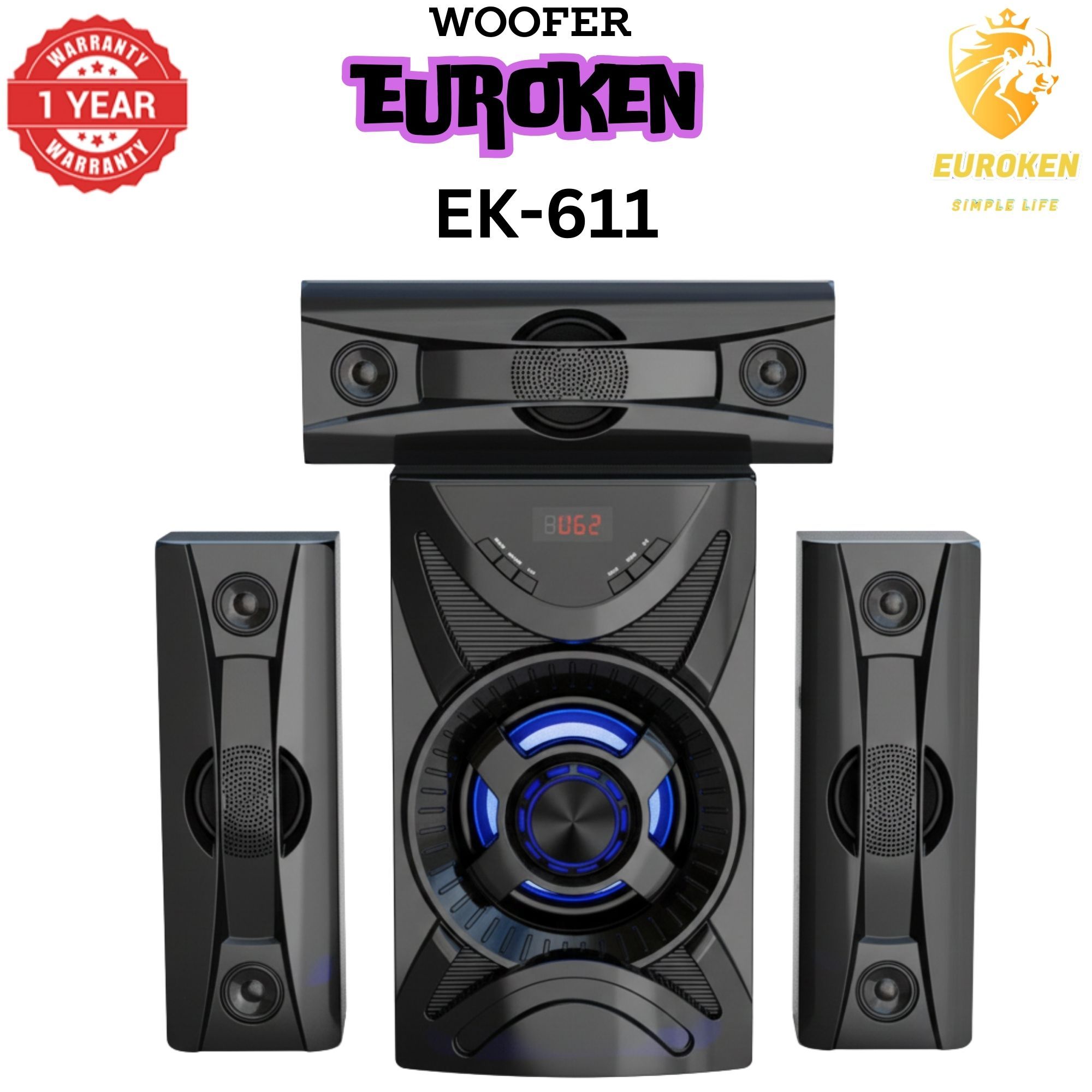 【Exclusive Offer】NEW EUROKEN EK-611 3.1CH With 20,000 PMPO Subwoofer Speaker  Home Theatre Audio System  With Remote Control BLUETOOTH/USB/SD/FM