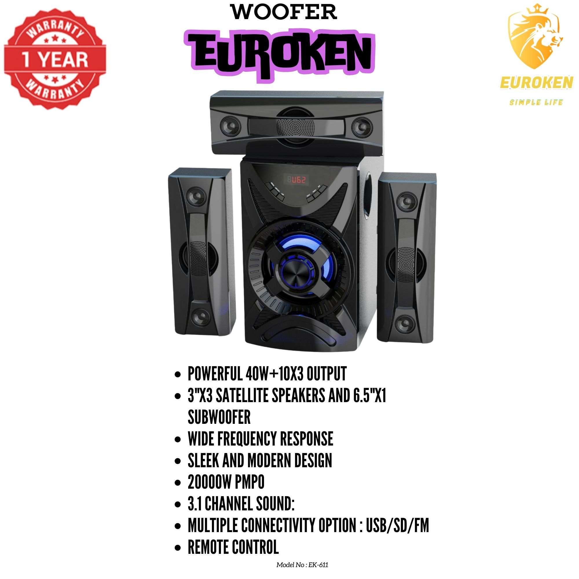 【Exclusive Offer】NEW EUROKEN EK-611 3.1CH With 20,000 PMPO Subwoofer Speaker  Home Theatre Audio System  With Remote Control BLUETOOTH/USB/SD/FM