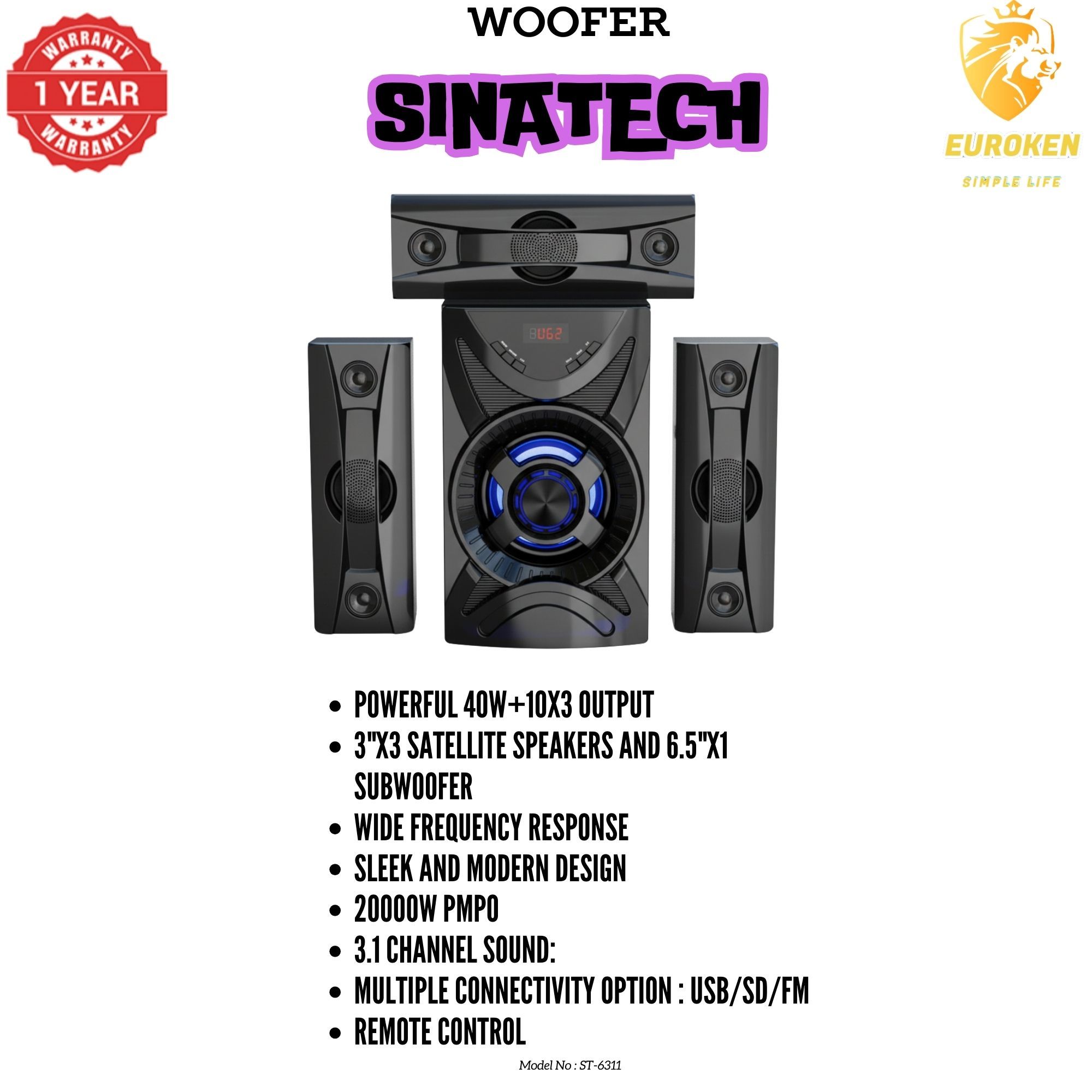 【Exclusive Offer】NEW SINATECH ST-6311 3.1CH With 20,000 PMPO Subwoofer Speaker  Home Theatre Audio System  With Remote Control BLUETOOTH/USB/SD/FM