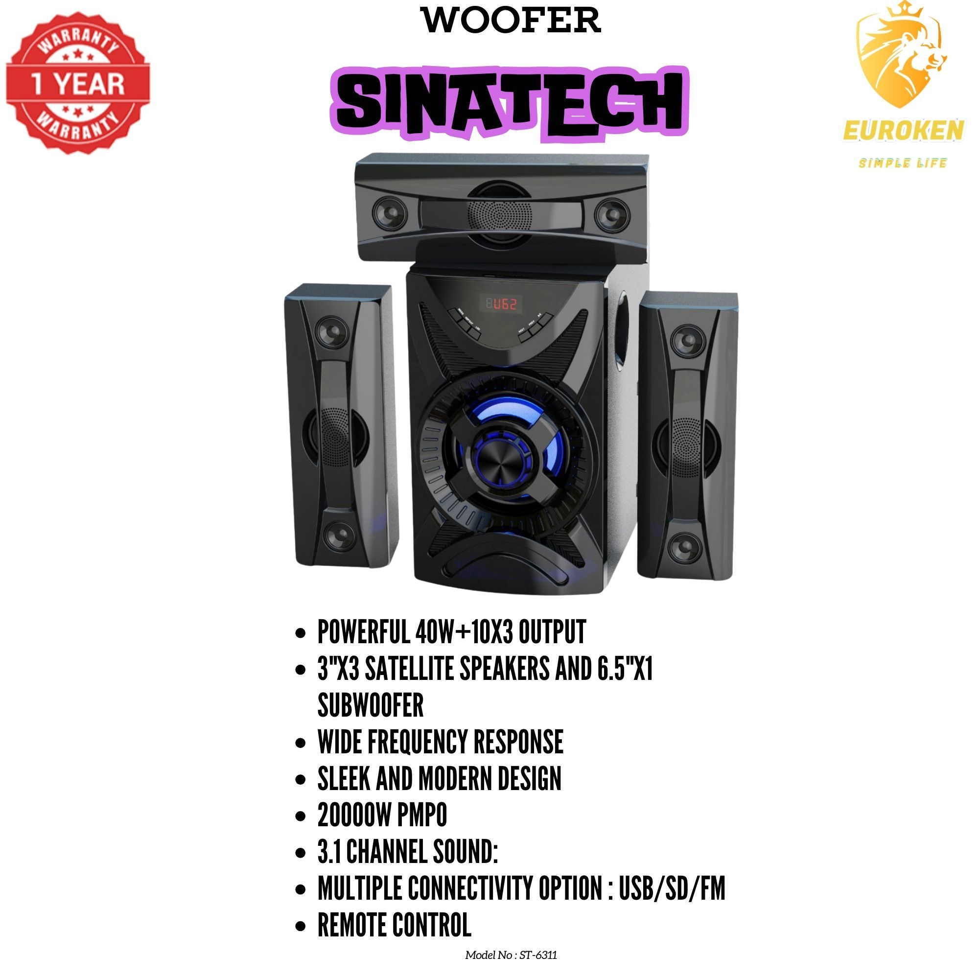 【Exclusive Offer】NEW SINATECH ST-6311 3.1CH With 20,000 PMPO Subwoofer Speaker  Home Theatre Audio System  With Remote Control BLUETOOTH/USB/SD/FM