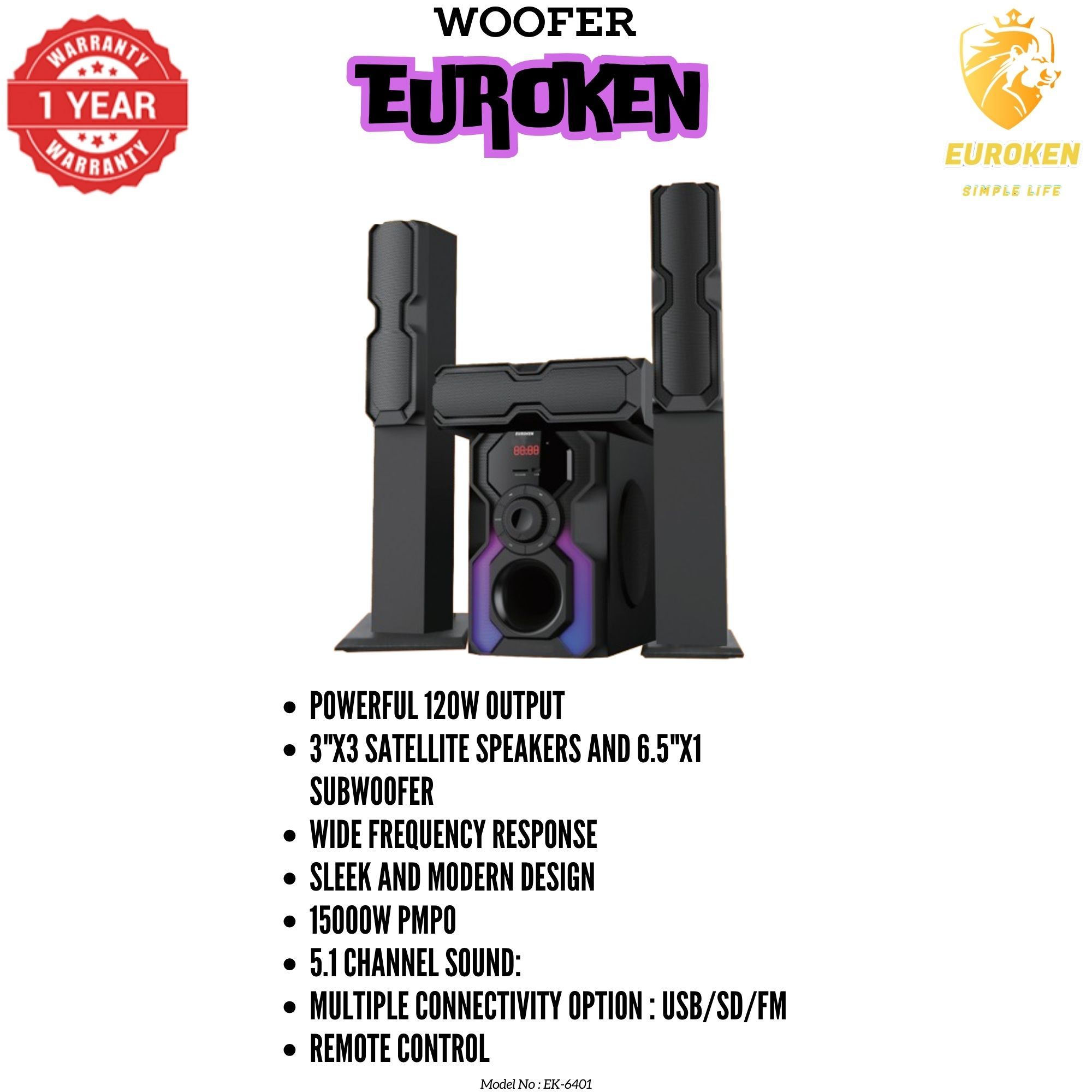 【Limited Offer】 NEW EUROKEN Home Theatre System EK-6401 3 In1 Tall Boy Ac 10,000W PMPO Bluetooth Fm USB SD Mem Card Support