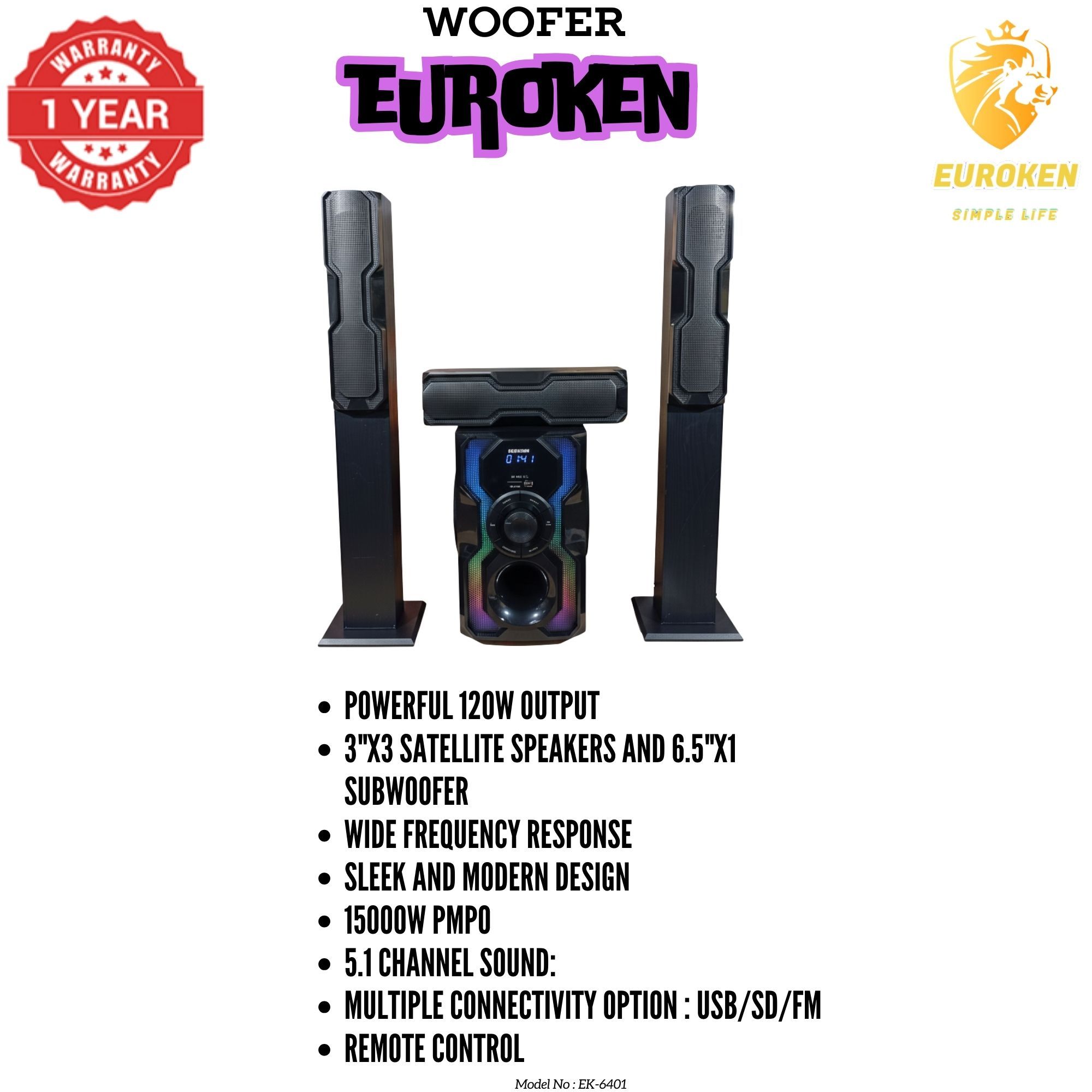 【Limited Offer】 NEW EUROKEN Home Theatre System EK-6401 3 In1 Tall Boy Ac 10,000W PMPO Bluetooth Fm USB SD Mem Card Support