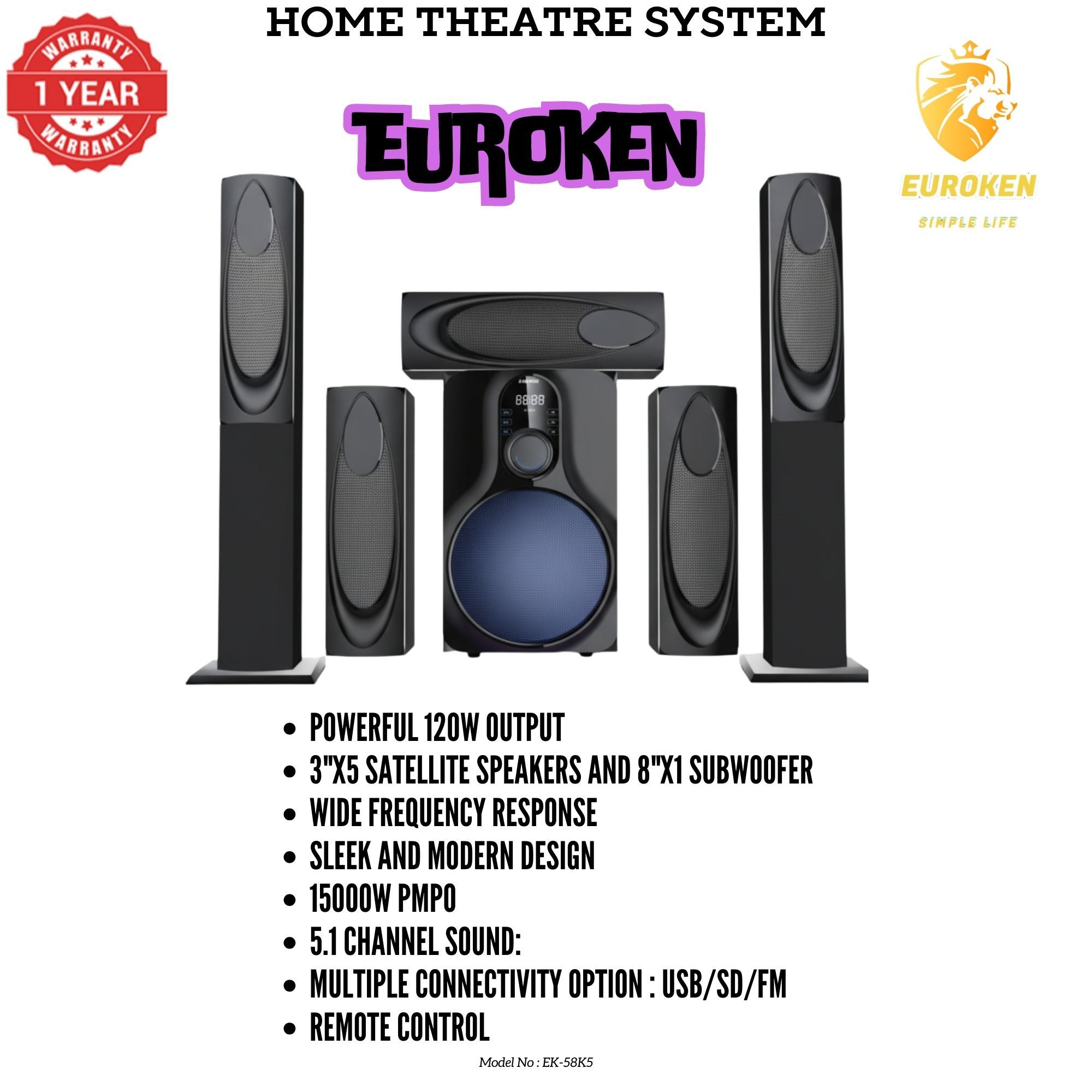 【Limited Offer】New Euroken EK-58K5 Home Theatre System 5 in 1 Tall Boys 15,000 PMPO with Bluetooth ?FM/SD Mem card Support with Super Bass Boost