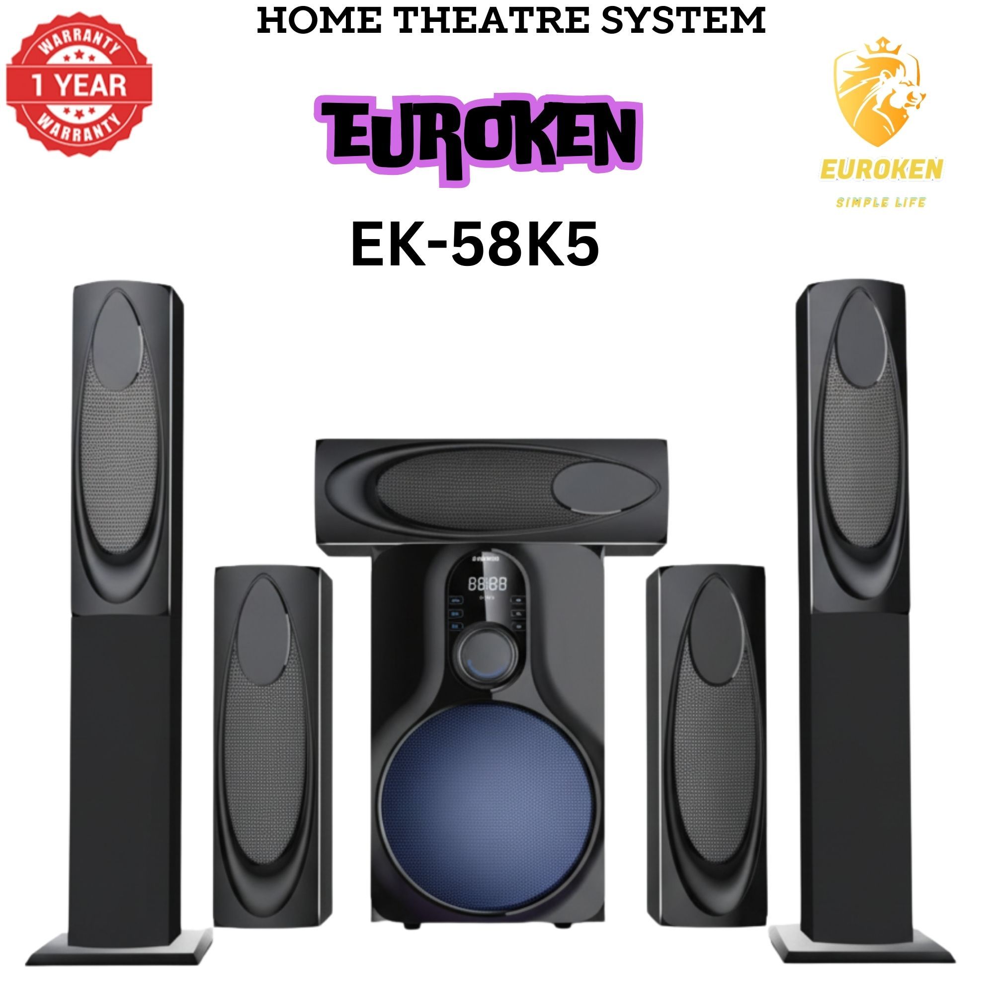 【Limited Offer】New Euroken EK-58K5 Home Theatre System 5 in 1 Tall Boys 15,000 PMPO with Bluetooth ?FM/SD Mem card Support with Super Bass Boost