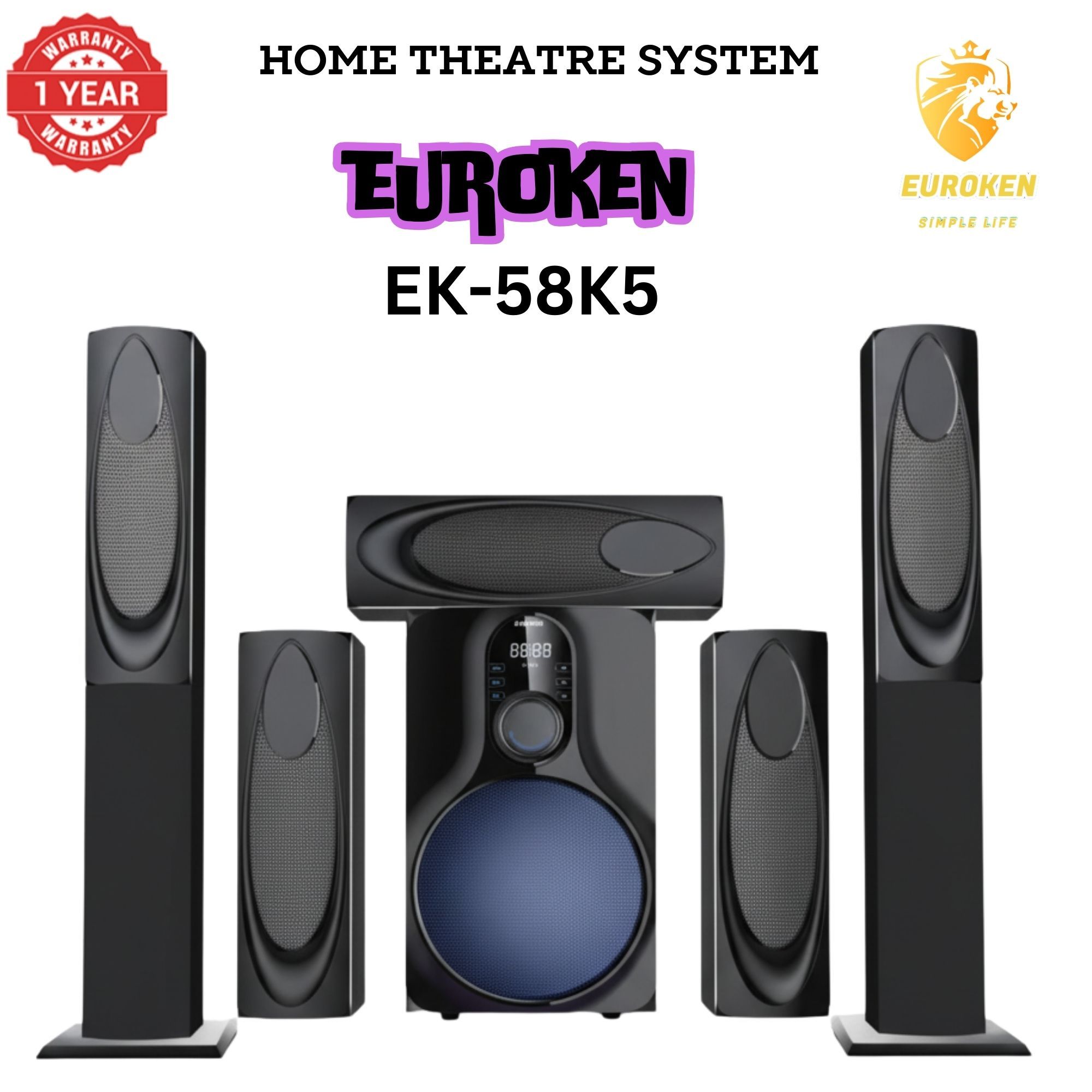 【Limited Offer】New Euroken EK-58K5 Home Theatre System 5 in 1 Tall Boys 15,000 PMPO with Bluetooth ?FM/SD Mem card Support with Super Bass Boost