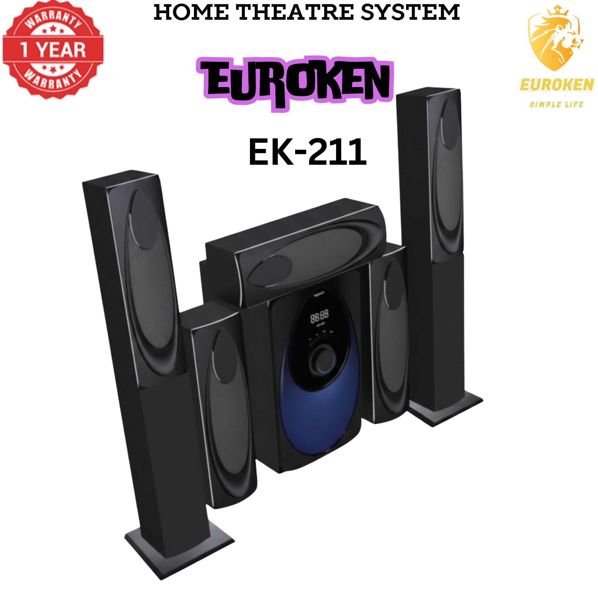 【Limited Offer】New Euroken Home Theatre System EK-211 5 In 1 Tall Boy Ac  12,000W PMPO With Bluetooth FM USB SD Mem Card Support With Super Bass Boost