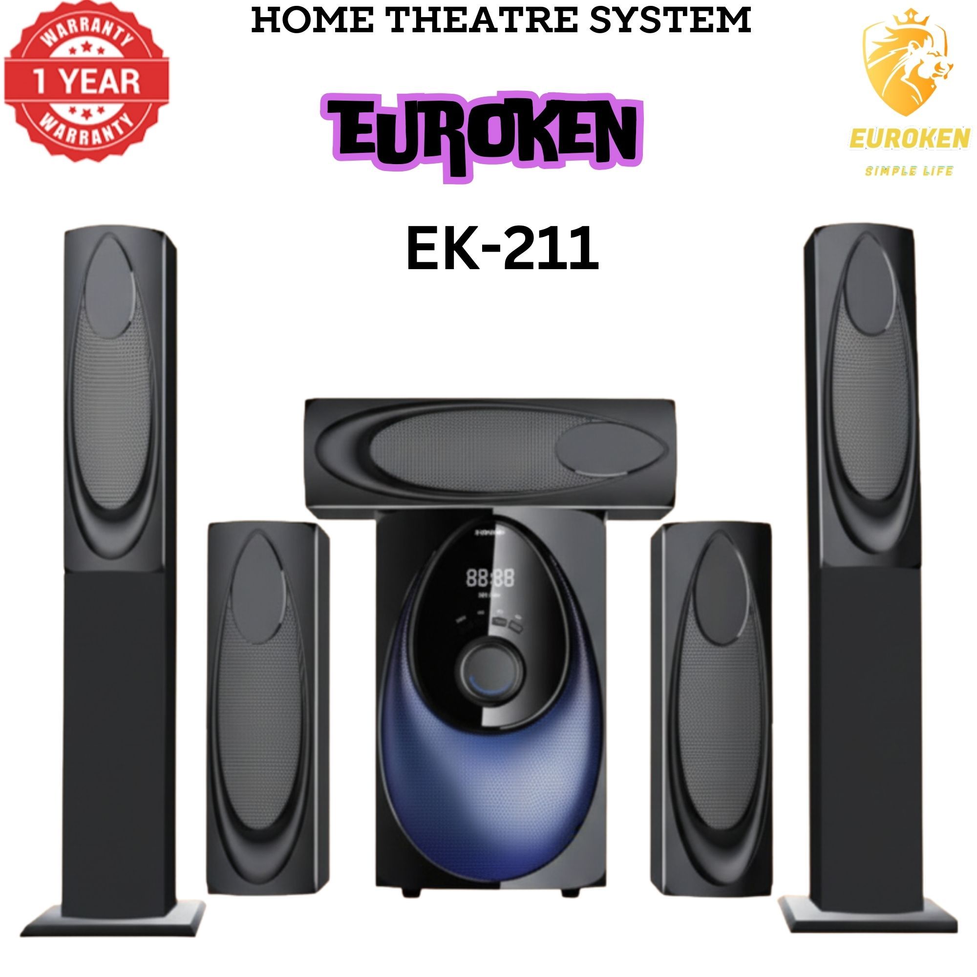 【Limited Offer】New Euroken Home Theatre System EK-211 5 In 1 Tall Boy Ac  12,000W PMPO With Bluetooth FM USB SD Mem Card Support With Super Bass Boost