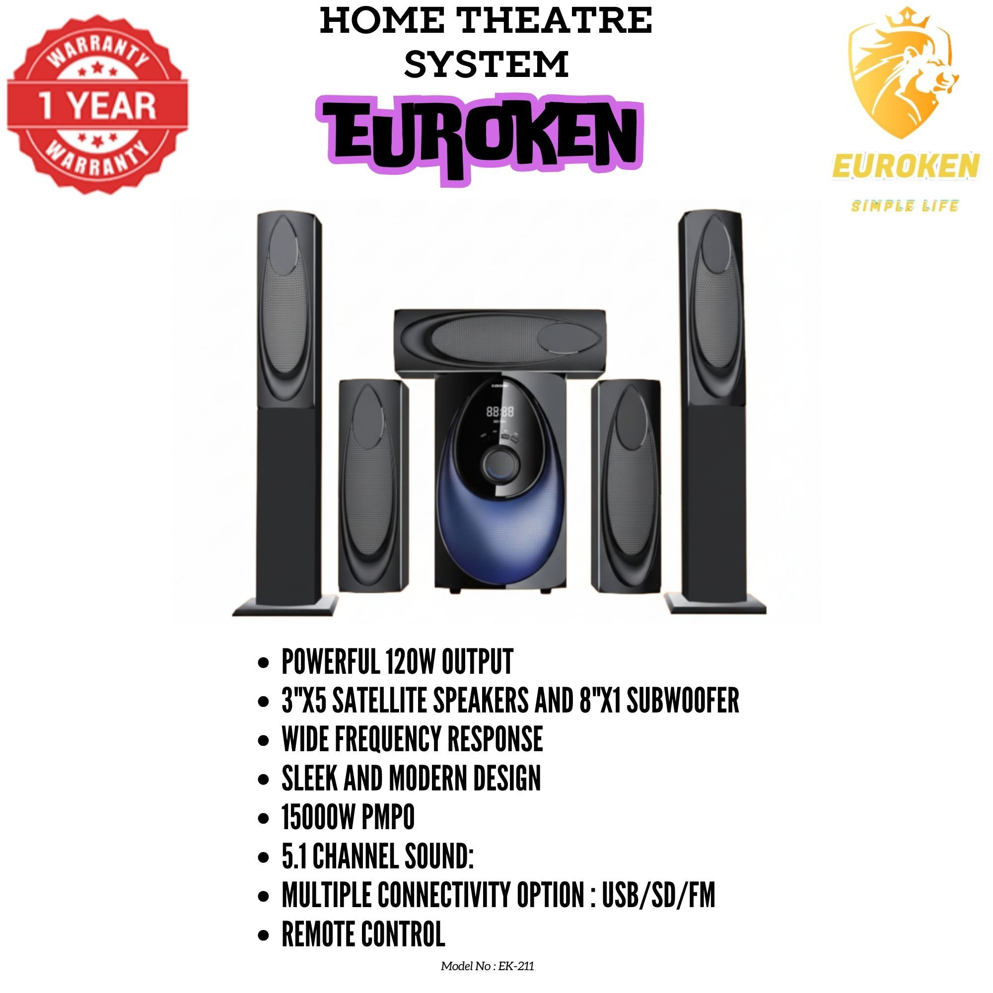 【Limited Offer】New Euroken Home Theatre System EK-211 5 In 1 Tall Boy Ac  12,000W PMPO With Bluetooth FM USB SD Mem Card Support With Super Bass Boost