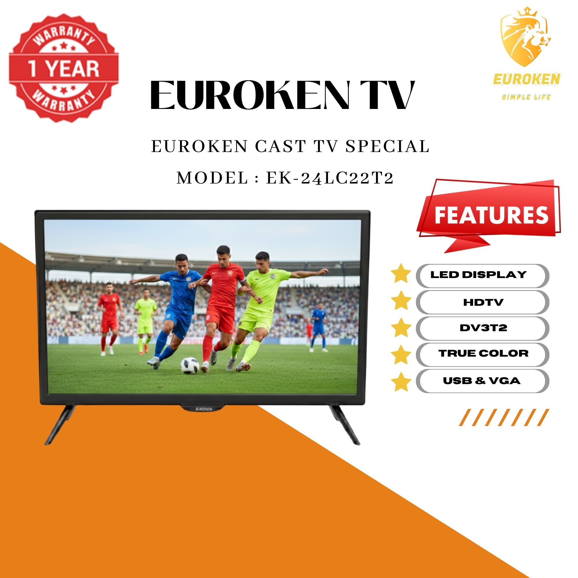 【Limited Offer】 EUROKEN EK-24LC22T2 22" INCH FULL SCREEN DISPLAY TELEVISION AC/DC DIGITAL LED TV WITH INBUILT DECODER FOR LOCAL CHANNELS WIDE COLOR ENHANCER, USB HDMI PORTS