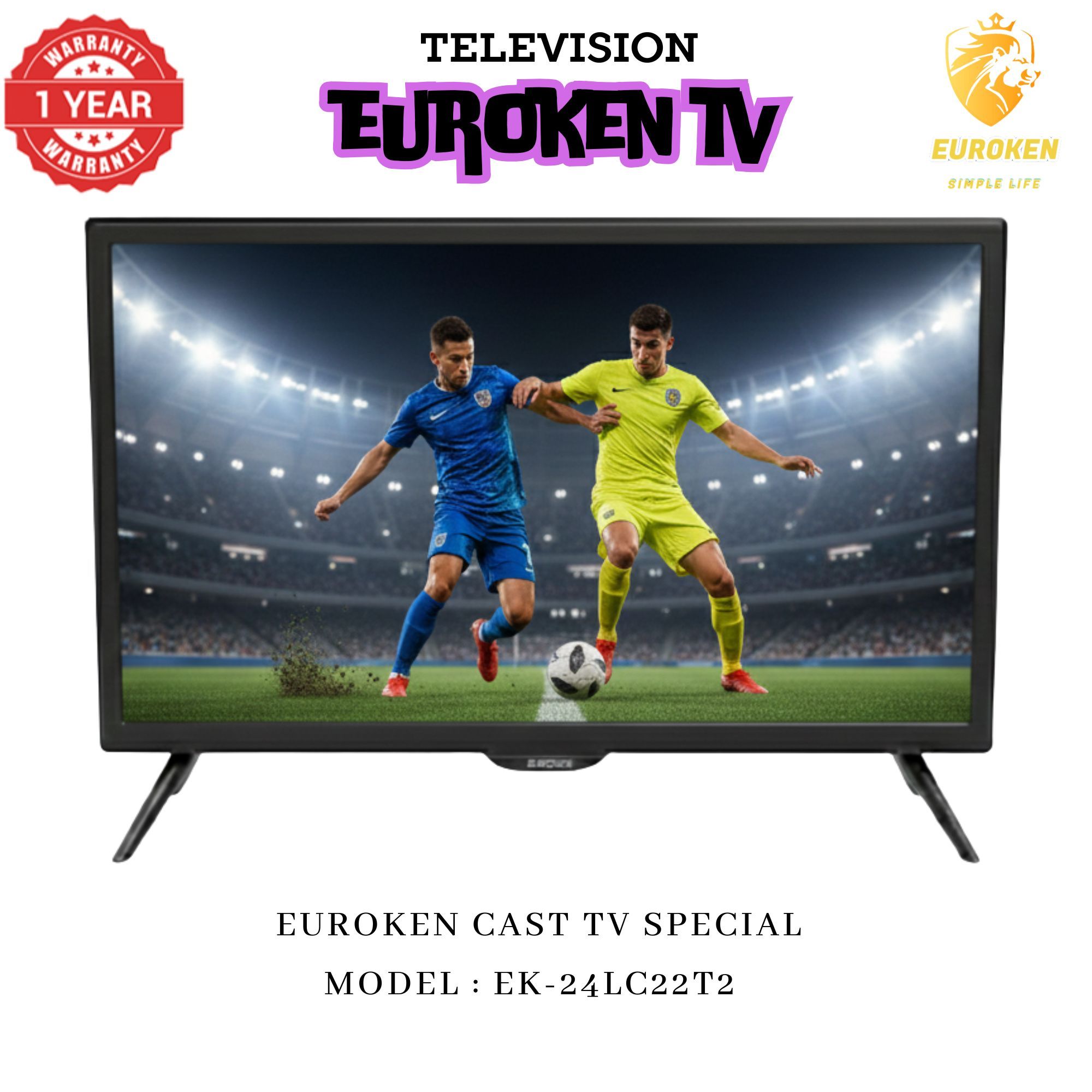 【Limited Offer】 EUROKEN EK-24LC22T2 22" INCH FULL SCREEN DISPLAY TELEVISION AC/DC DIGITAL LED TV WITH INBUILT DECODER FOR LOCAL CHANNELS WIDE COLOR ENHANCER, USB HDMI PORTS