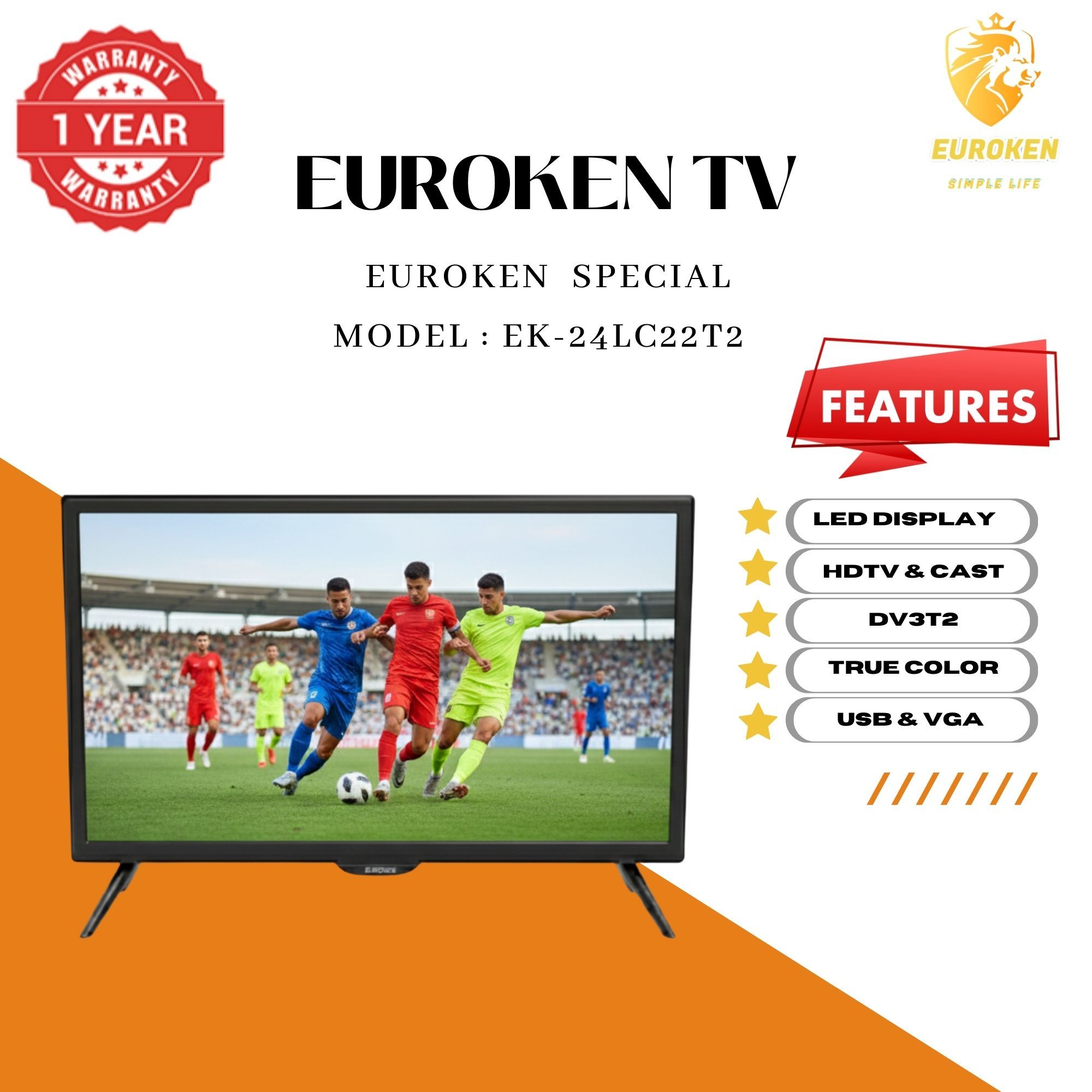 【Limited Offer】 EUROKEN EK-24LC22T2 22" INCH FULL SCREEN DISPLAY TELEVISION AC/DC DIGITAL LED TV WITH INBUILT DECODER FOR LOCAL CHANNELS WIDE COLOR ENHANCER, USB HDMI PORTS