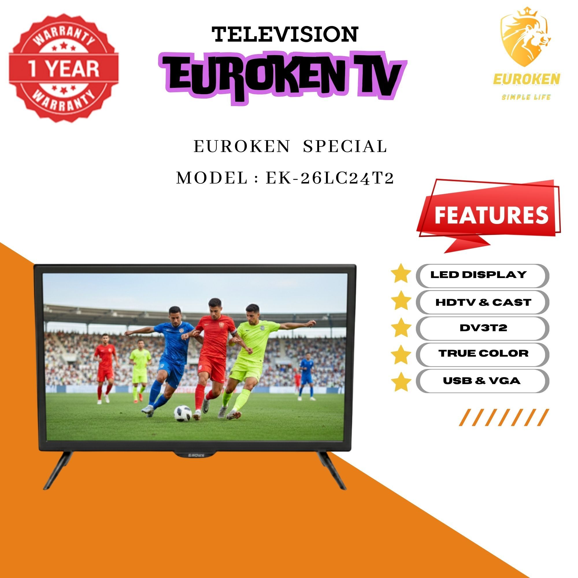 【Limited Offer】 EUROKEN  EK-26LC24T2 24" INCH FULL SCREEN DISPLAY TELEVISION AC/DC DIGITAL LED TV WITH INBUILT DECODER FOR LOCAL CHANNELS WIDE COLOR ENHANCER, USB HDMI PORTS