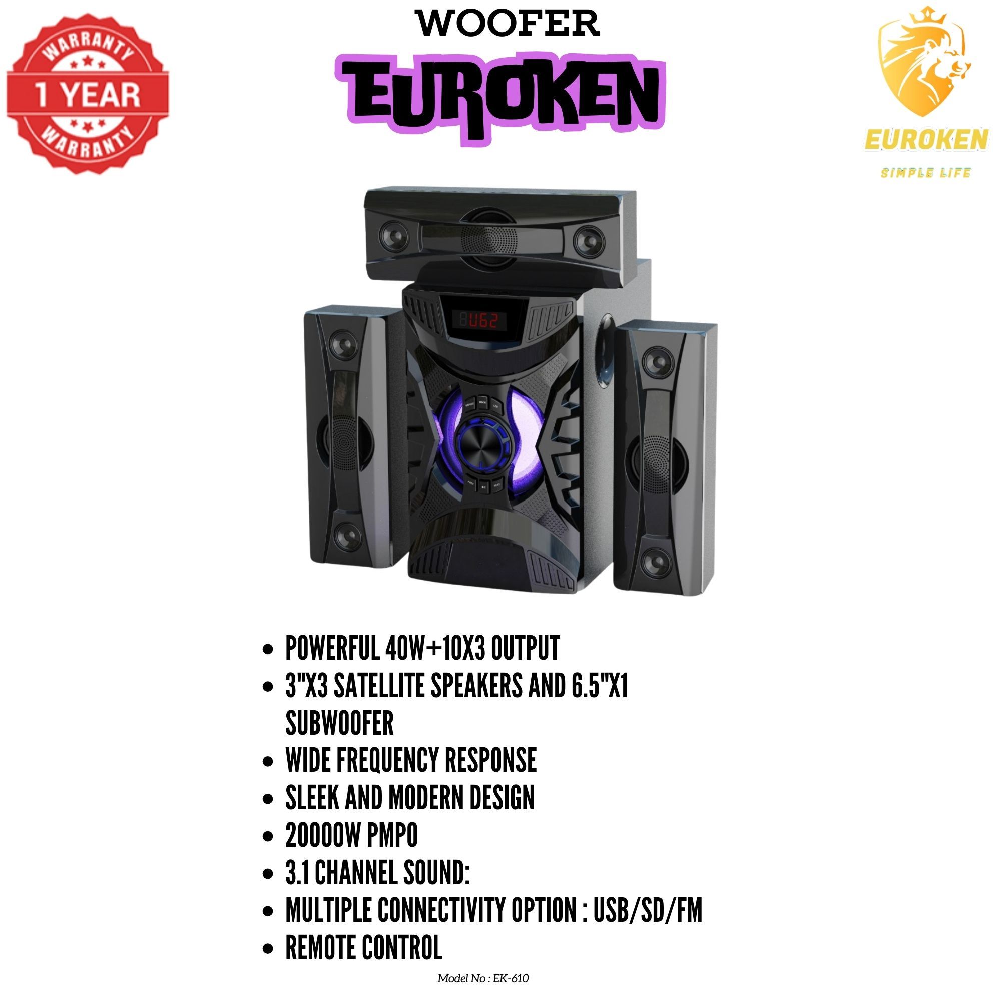 【Exclusive Offer】NEW EUROKEN EK-610 3.1CH With 20,000 PMPO Subwoofer Speaker  Home Theatre Audio System  With Remote Control BLUETOOTH/USB/SD/FM