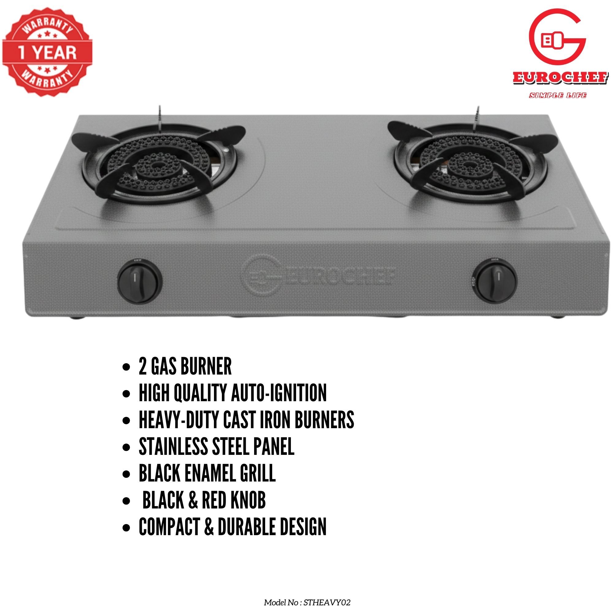 【Limited Offer】Eurochef ST-HEAVY02 Heavy Duty Gas Cooker with Cast Iron Burners, Stainless Steel Panel & Auto Ignition