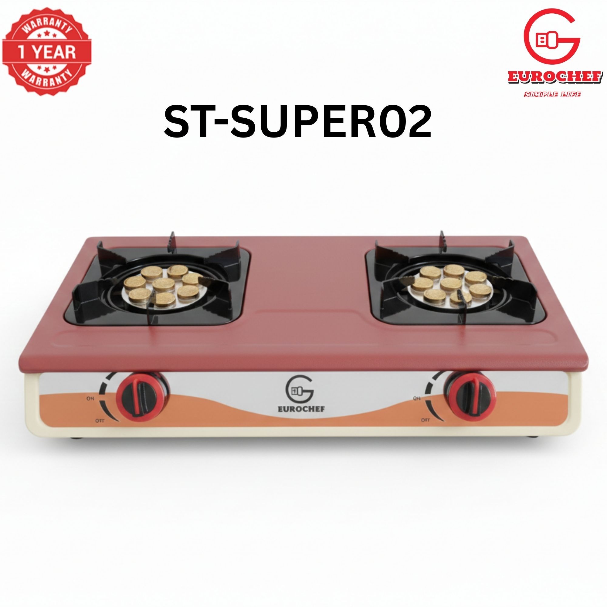 【Limited Offer】Eurochef ST-SUPER02 Heavy Duty Gas Cooker with Cast Iron Burners, Stainless Steel Panel & Auto Ignition
