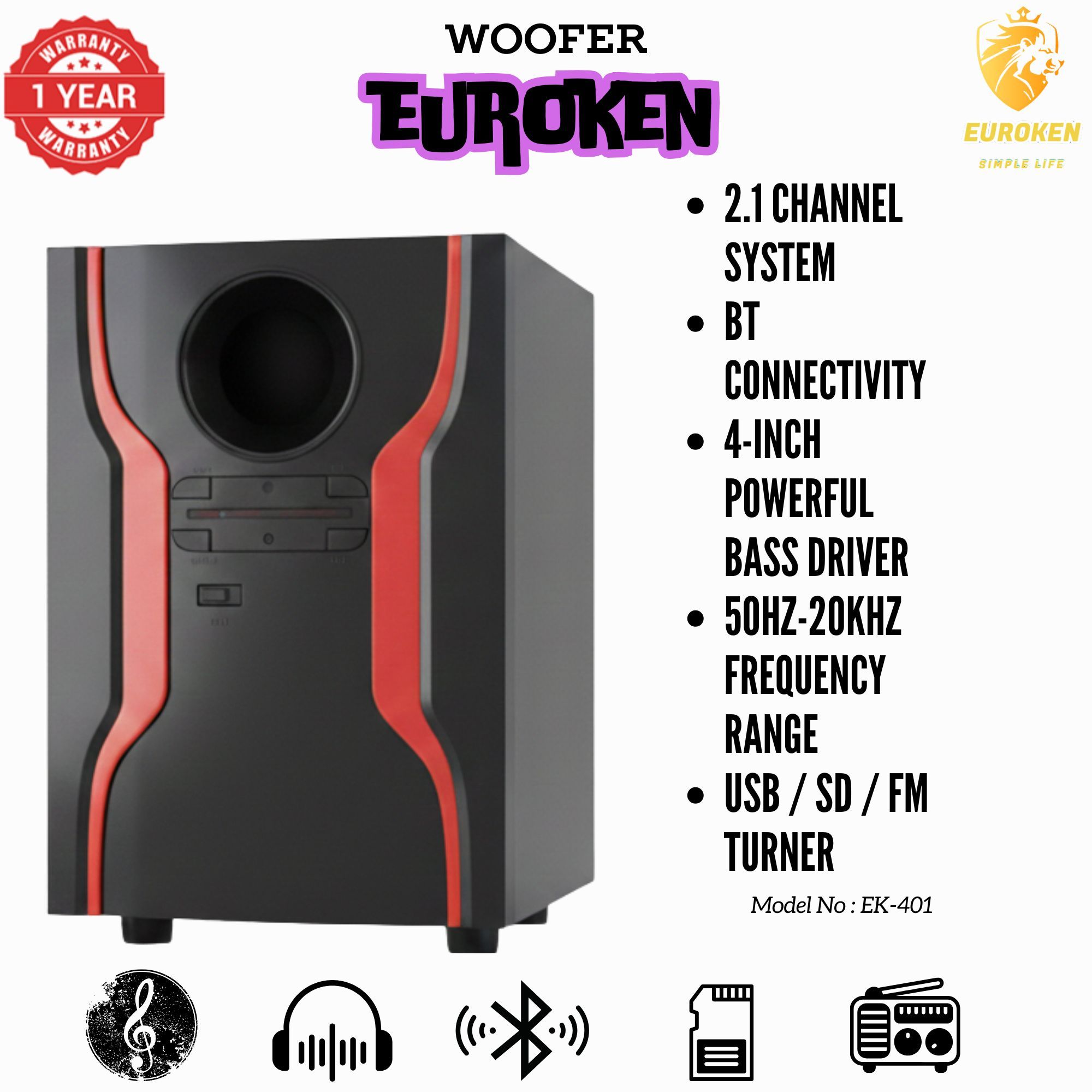 【Exclusive Offer】 Euroken EK-401 2.1CH Subwoofer Speaker 1000W PMPO Woofer Home Theatre Audio Speaker System BLUETOOTH/FM/SD/USB With Remote Control