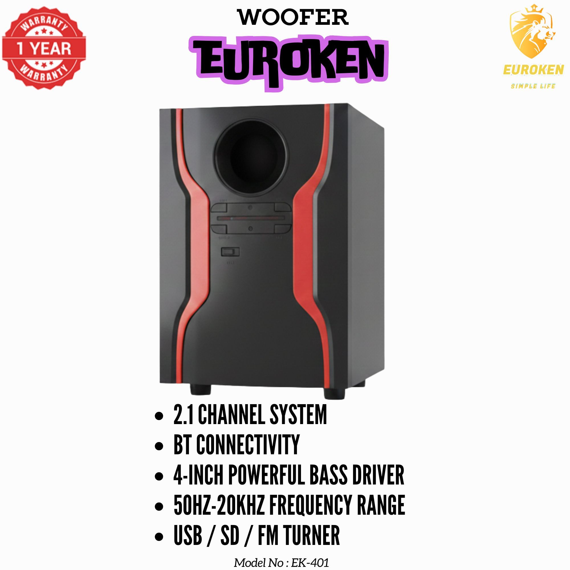 【Exclusive Offer】 Euroken EK-401 2.1CH Subwoofer Speaker 1000W PMPO Woofer Home Theatre Audio Speaker System BLUETOOTH/FM/SD/USB With Remote Control