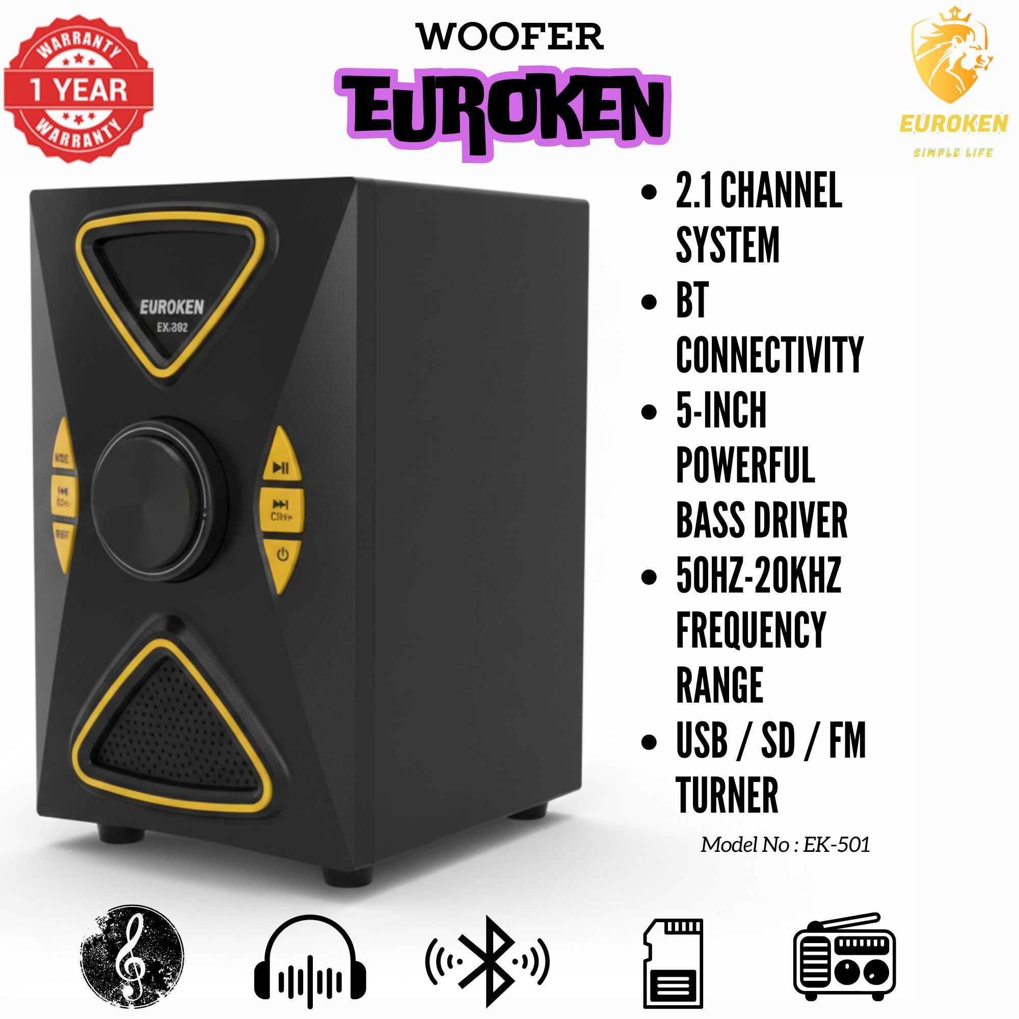 【Exclusive Offer】 Euroken EK-502 2.1CH Subwoofer Speaker 1200W PMPO Woofer Home Theatre Audio Speaker System BLUETOOTH/FM/SD/USB With Remote Control