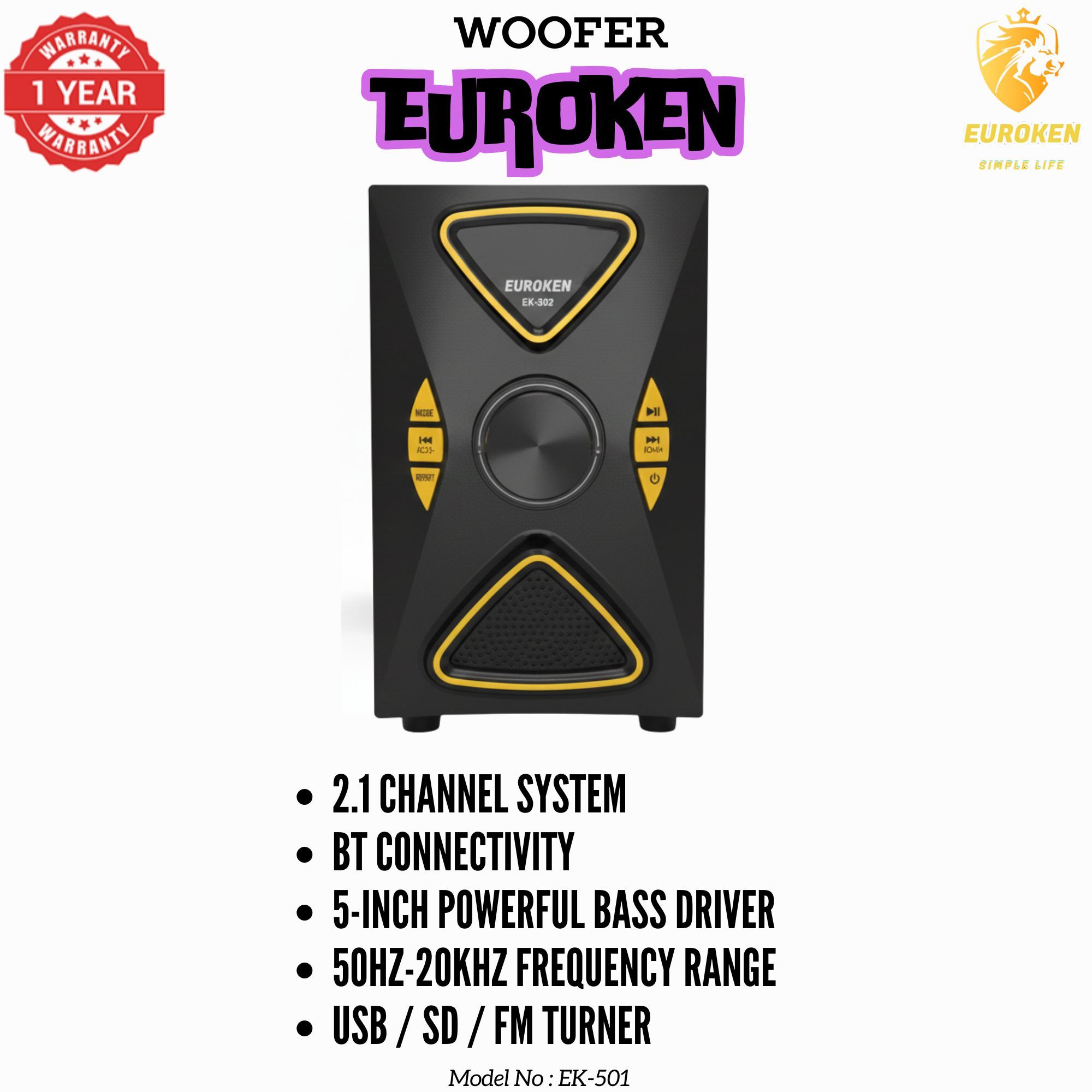 【Exclusive Offer】 Euroken EK-502 2.1CH Subwoofer Speaker 1200W PMPO Woofer Home Theatre Audio Speaker System BLUETOOTH/FM/SD/USB With Remote Control