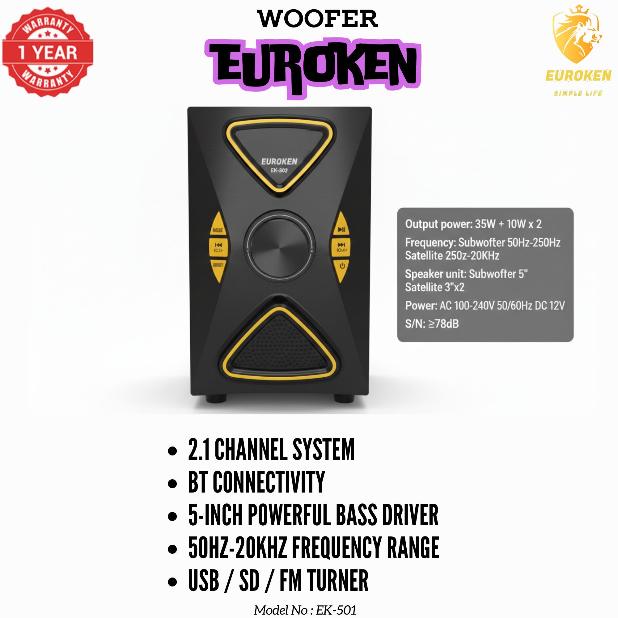 【Exclusive Offer】 Euroken EK-502 2.1CH Subwoofer Speaker 1200W PMPO Woofer Home Theatre Audio Speaker System BLUETOOTH/FM/SD/USB With Remote Control