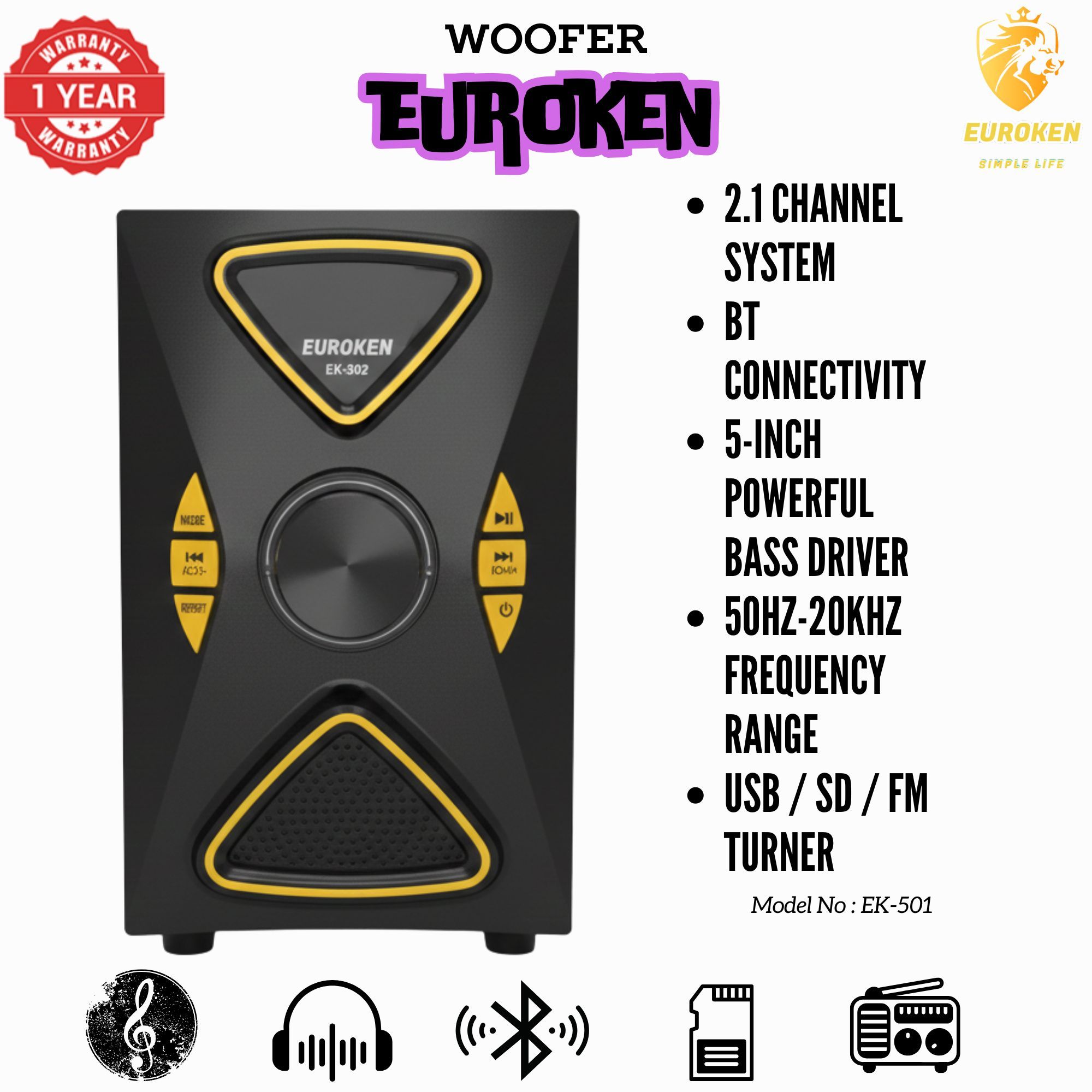 【Exclusive Offer】 Euroken EK-502 2.1CH Subwoofer Speaker 1200W PMPO Woofer Home Theatre Audio Speaker System BLUETOOTH/FM/SD/USB With Remote Control