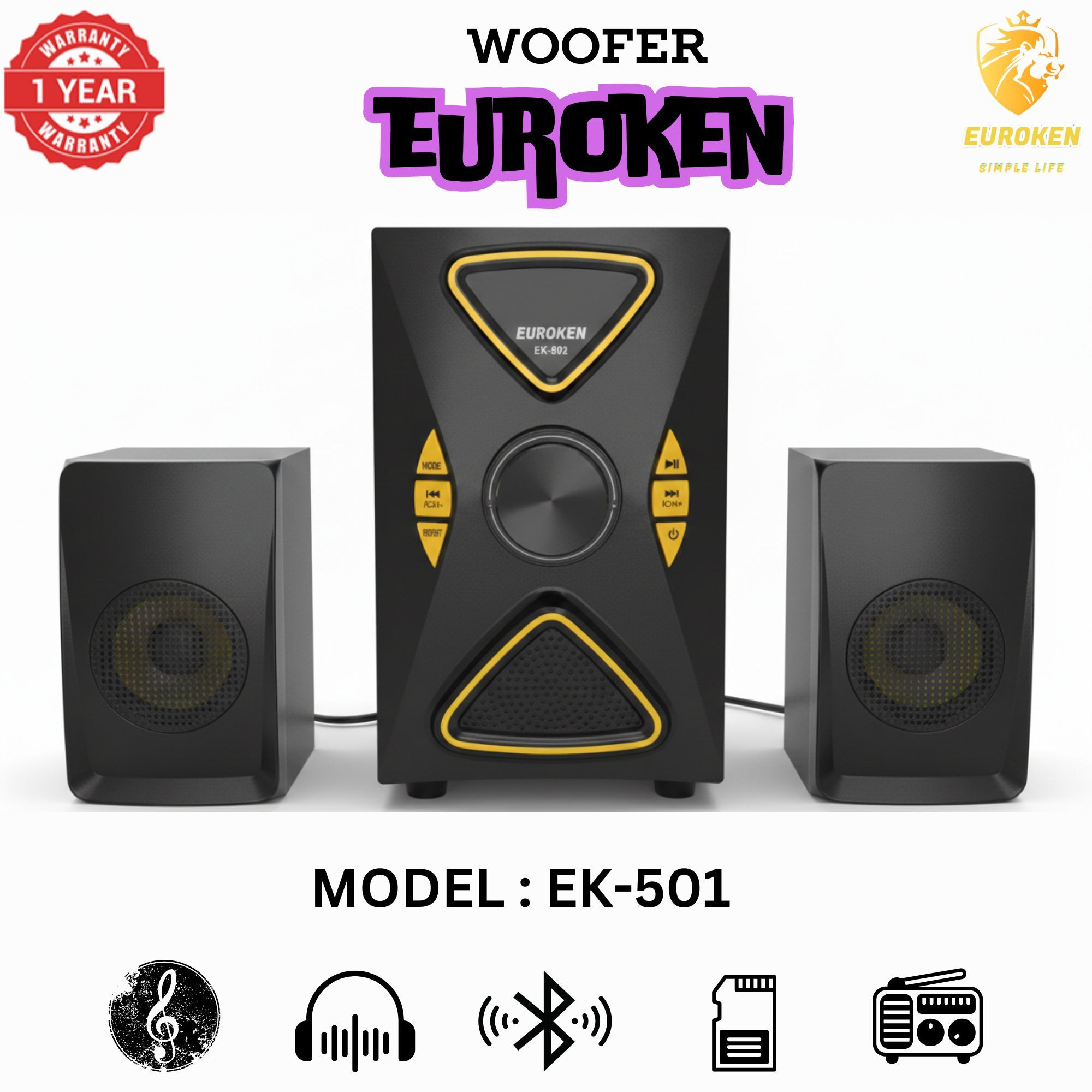 【Exclusive Offer】 Euroken EK-502 2.1CH Subwoofer Speaker 1200W PMPO Woofer Home Theatre Audio Speaker System BLUETOOTH/FM/SD/USB With Remote Control