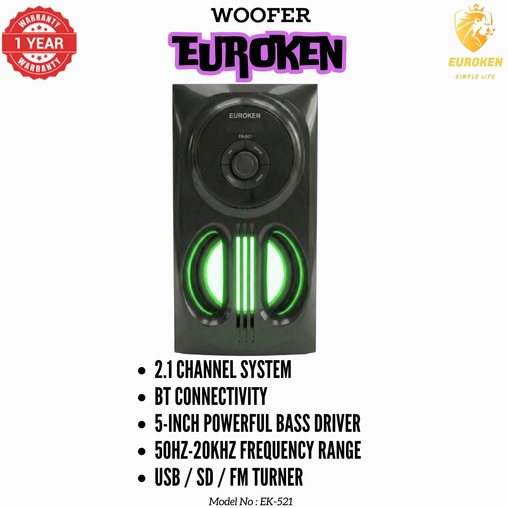 【Exclusive Offer】 Euroken EK-521 2.1CH Subwoofer Speaker 1200W PMPO Woofer Home Theatre Audio Speaker System BLUETOOTH/FM/SD/USB With Remote Control