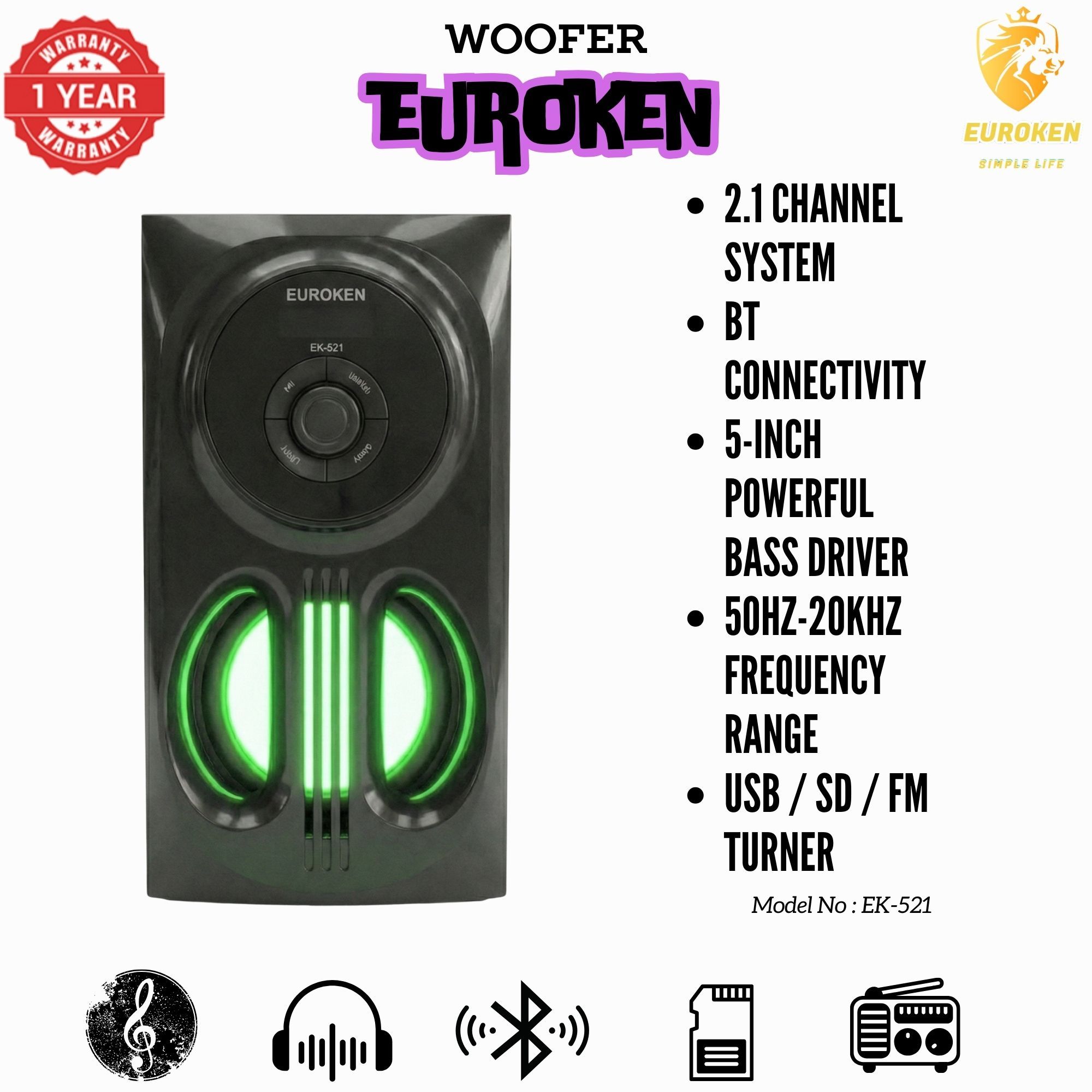 【Exclusive Offer】 Euroken EK-521 2.1CH Subwoofer Speaker 1200W PMPO Woofer Home Theatre Audio Speaker System BLUETOOTH/FM/SD/USB With Remote Control