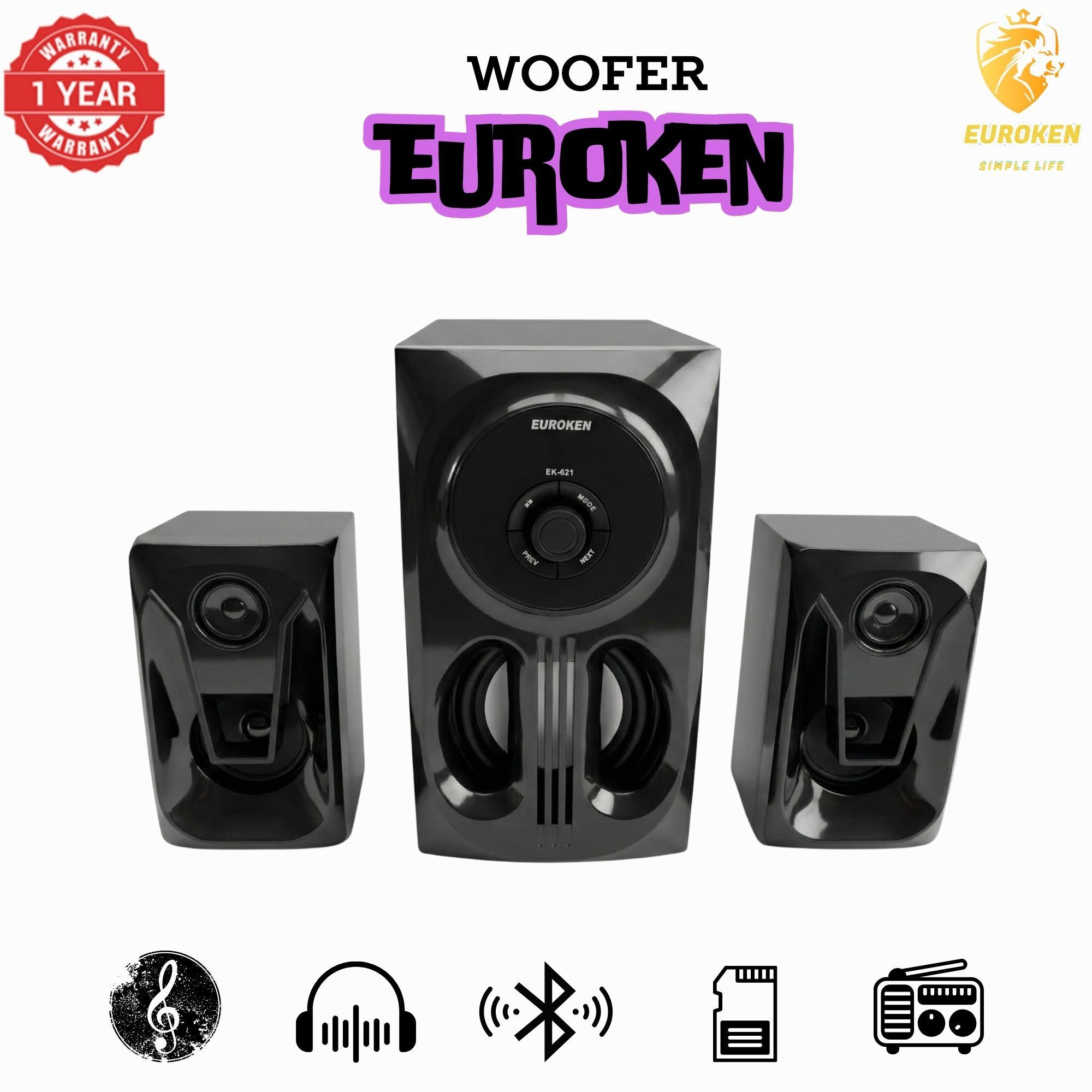 【Exclusive Offer】 Euroken EK-521 2.1CH Subwoofer Speaker 1200W PMPO Woofer Home Theatre Audio Speaker System BLUETOOTH/FM/SD/USB With Remote Control