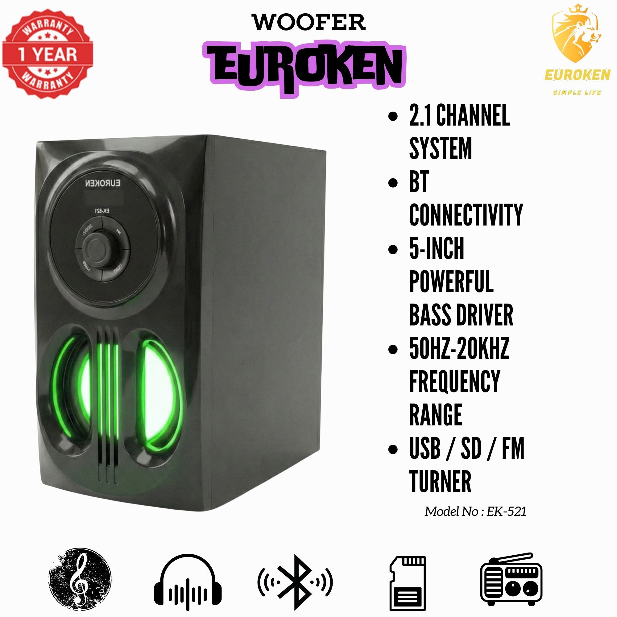 【Exclusive Offer】 Euroken EK-521 2.1CH Subwoofer Speaker 1200W PMPO Woofer Home Theatre Audio Speaker System BLUETOOTH/FM/SD/USB With Remote Control