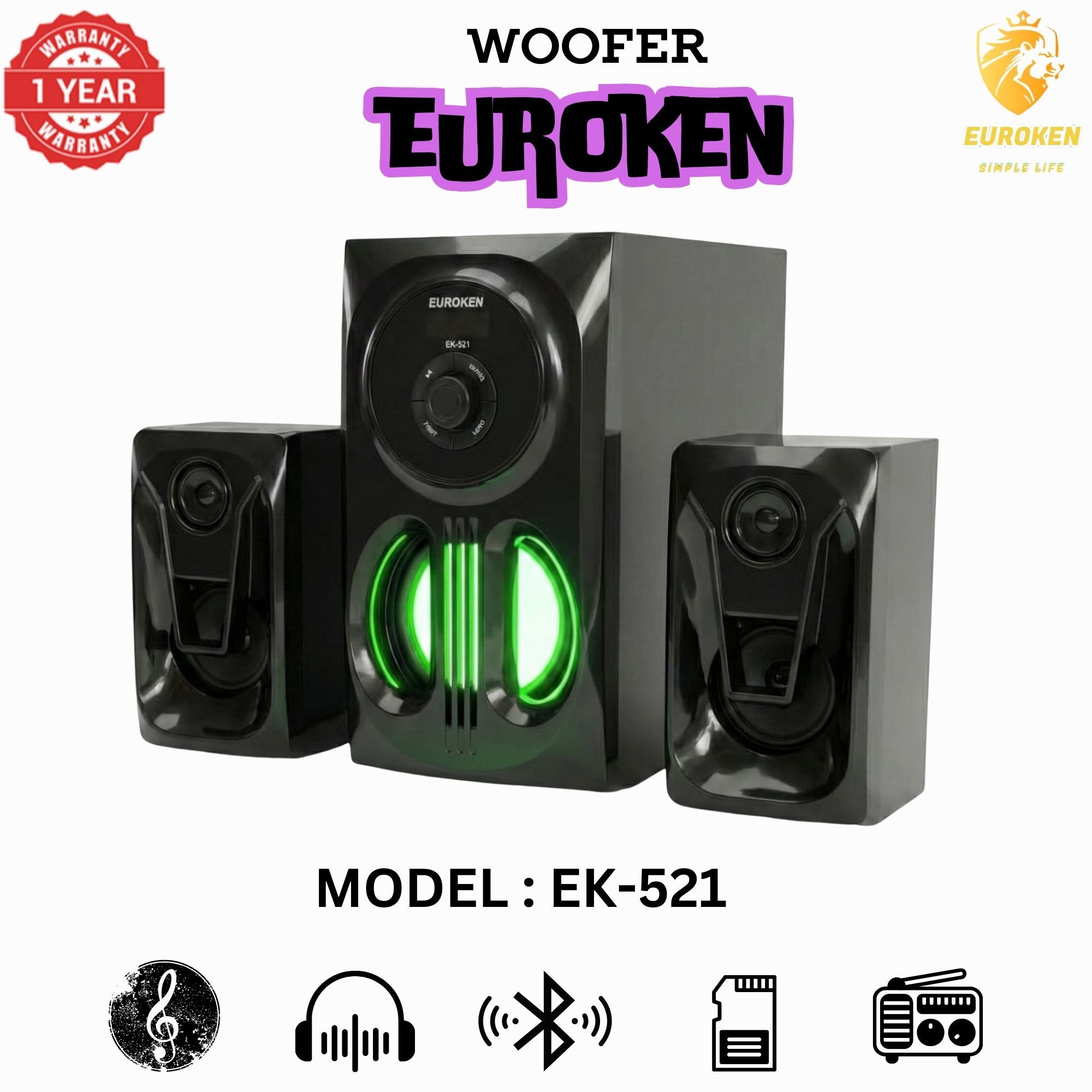 【Exclusive Offer】 Euroken EK-521 2.1CH Subwoofer Speaker 1200W PMPO Woofer Home Theatre Audio Speaker System BLUETOOTH/FM/SD/USB With Remote Control