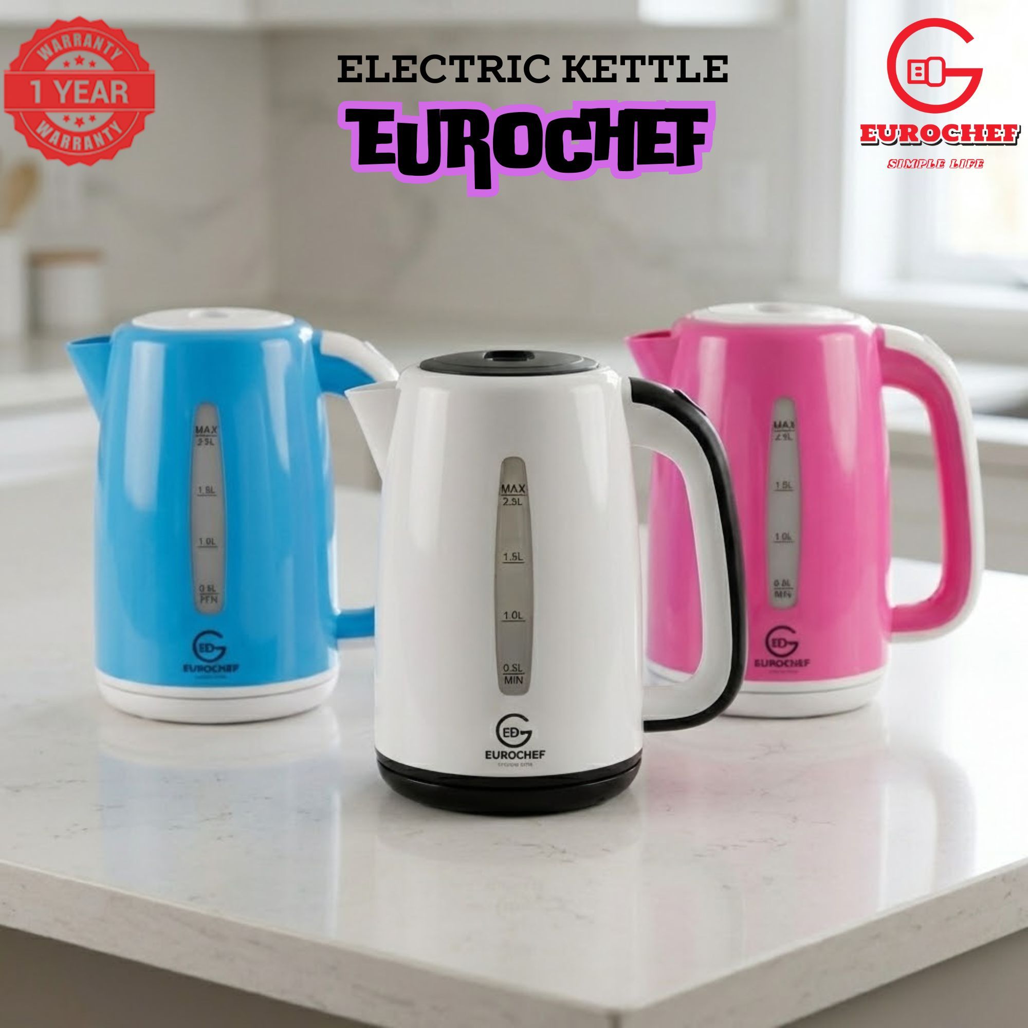 【Limited Offer】 EUROCHEF EC-K06 2.3L Plastic Electric Cordless Kettle Electric Jug for boiling water Kitchen Appliance(1 YR WARRANTY) -PINK BLUE WHITE