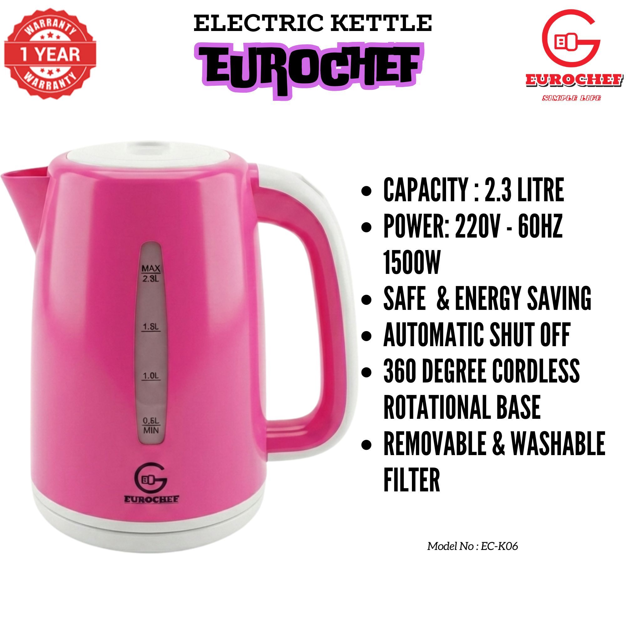 【Limited Offer】 EUROCHEF EC-K06 2.3L Plastic Electric Cordless Kettle Electric Jug for boiling water Kitchen Appliance(1 YR WARRANTY) -PINK BLUE WHITE