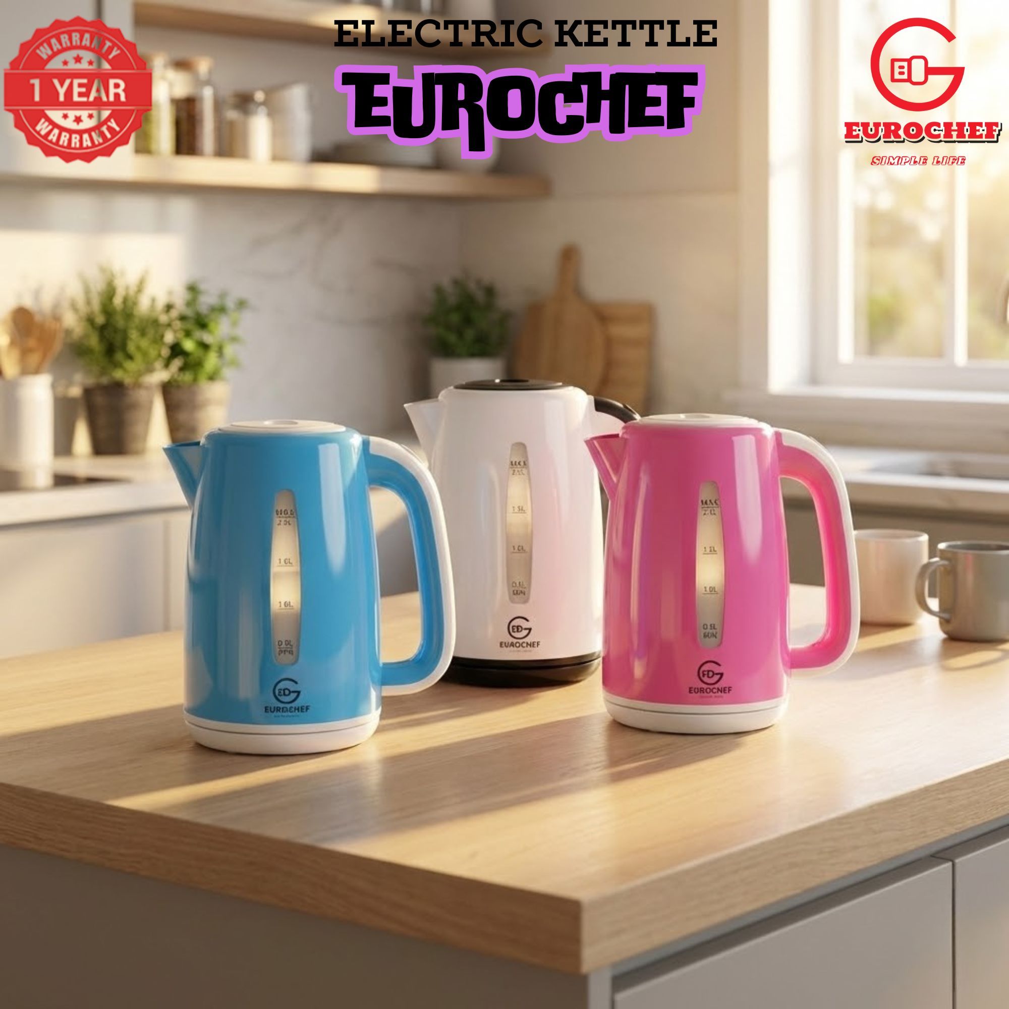 【Limited Offer】 EUROCHEF EC-K06 2.3L Plastic Electric Cordless Kettle Electric Jug for boiling water Kitchen Appliance(1 YR WARRANTY) -PINK BLUE WHITE