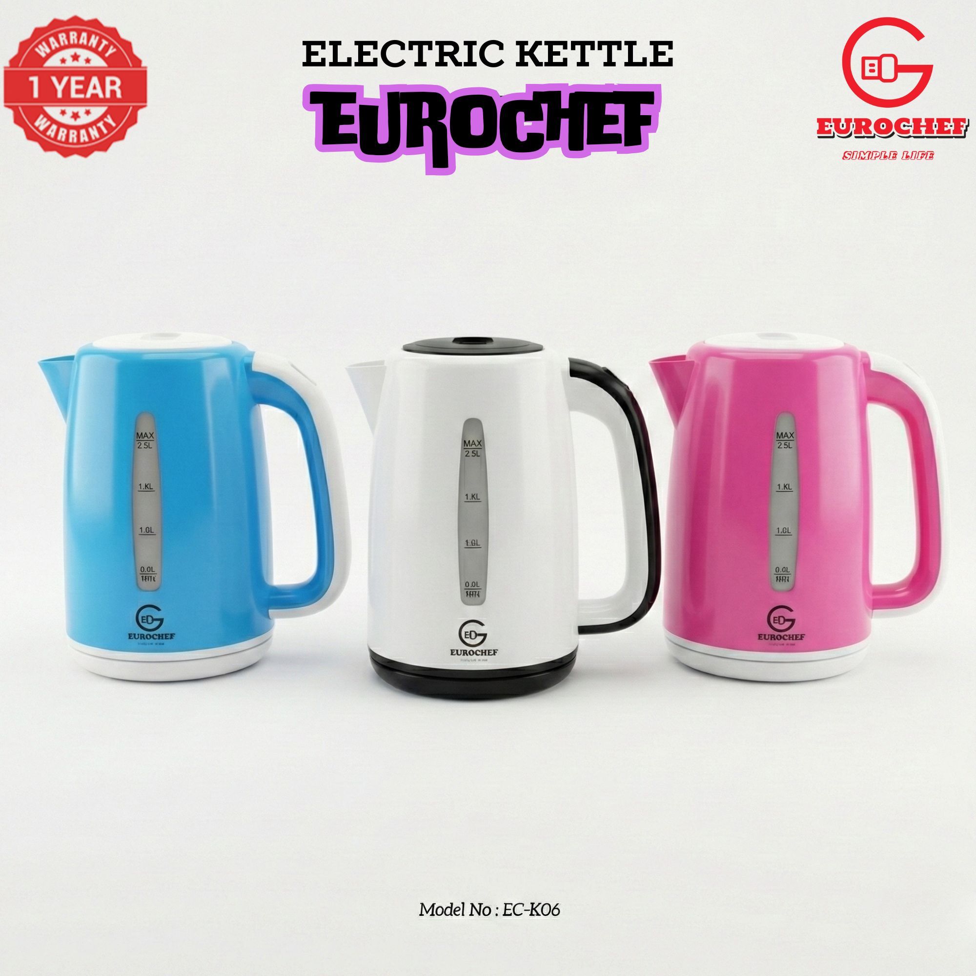 【Limited Offer】 EUROCHEF EC-K06 2.3L Plastic Electric Cordless Kettle Electric Jug for boiling water Kitchen Appliance(1 YR WARRANTY) -PINK BLUE WHITE