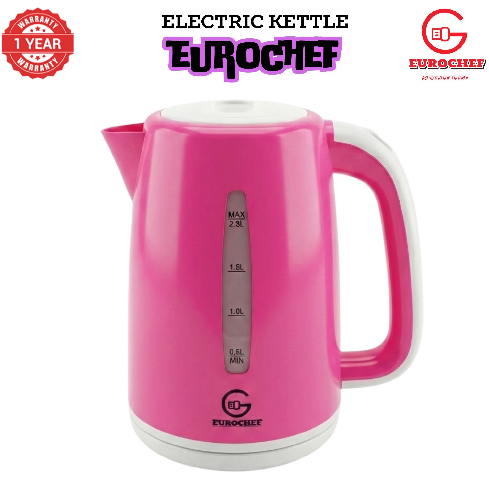 【Limited Offer】 EUROCHEF EC-K06 2.3L Plastic Electric Cordless Kettle Electric Jug for boiling water Kitchen Appliance(1 YR WARRANTY) -PINK BLUE WHITE