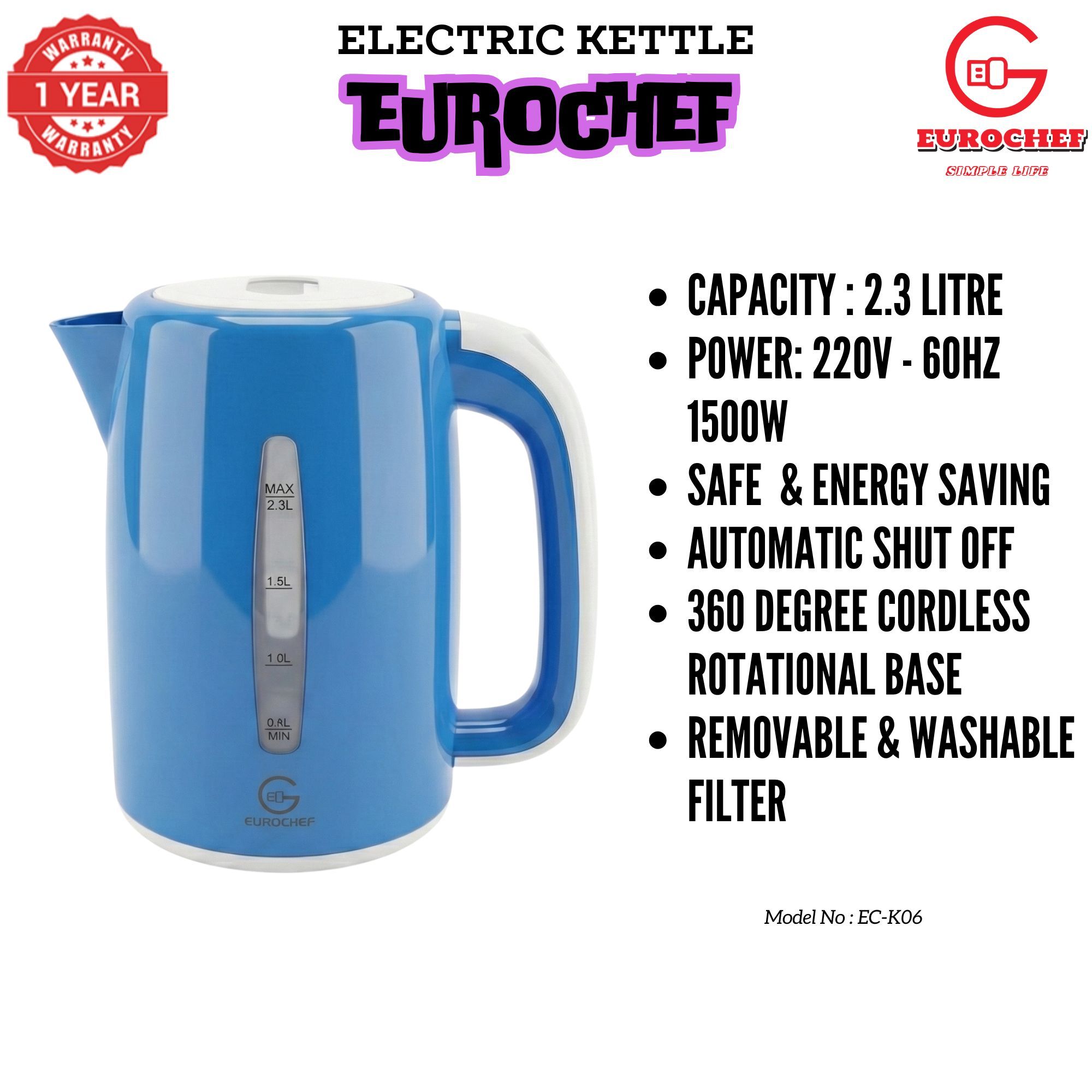 【Limited Offer】 EUROCHEF EC-K06 2.3L Plastic Electric Cordless Kettle Electric Jug for boiling water Kitchen Appliance(1 YR WARRANTY) -PINK BLUE WHITE