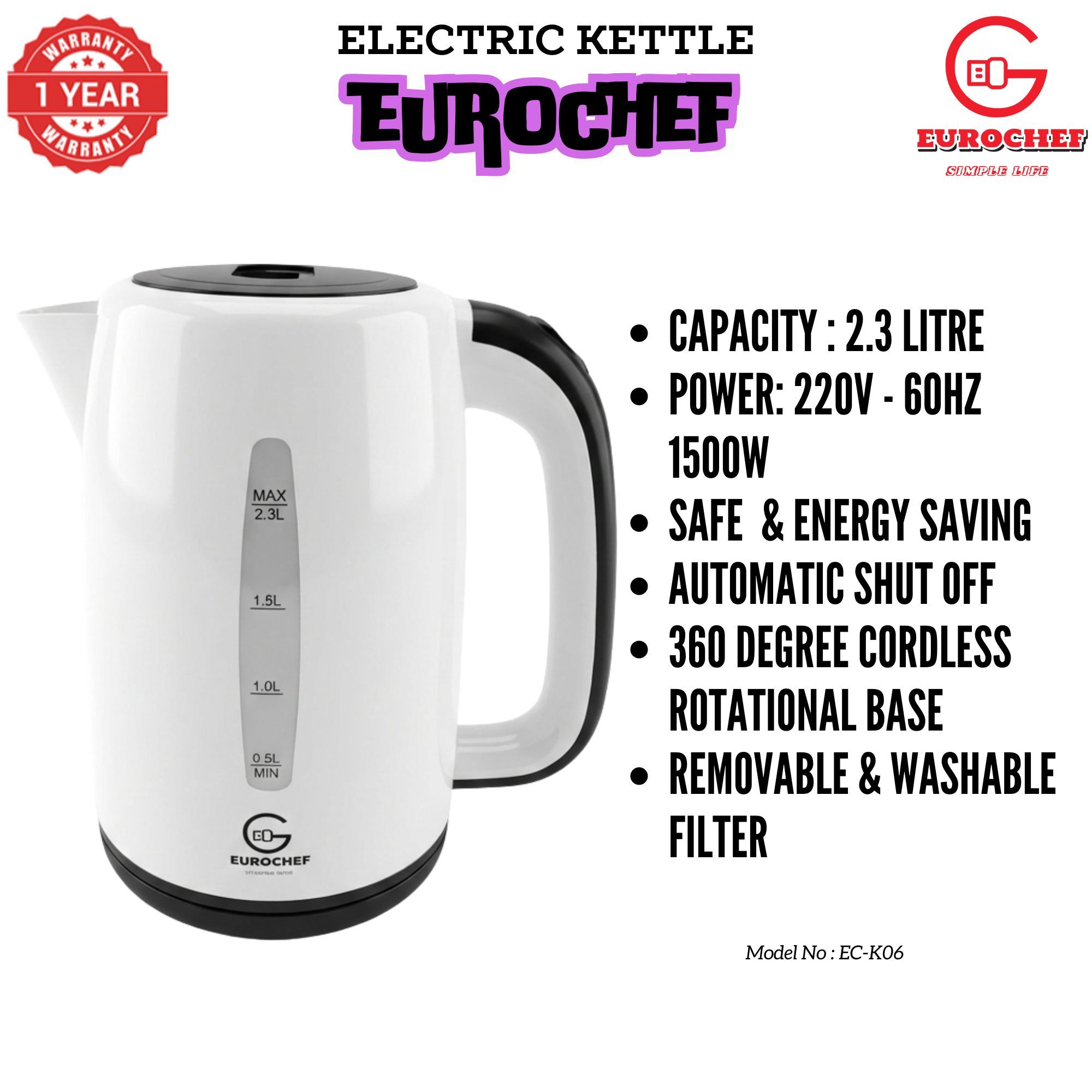 【Limited Offer】 EUROCHEF EC-K06 2.3L Plastic Electric Cordless Kettle Electric Jug for boiling water Kitchen Appliance(1 YR WARRANTY) -PINK BLUE WHITE