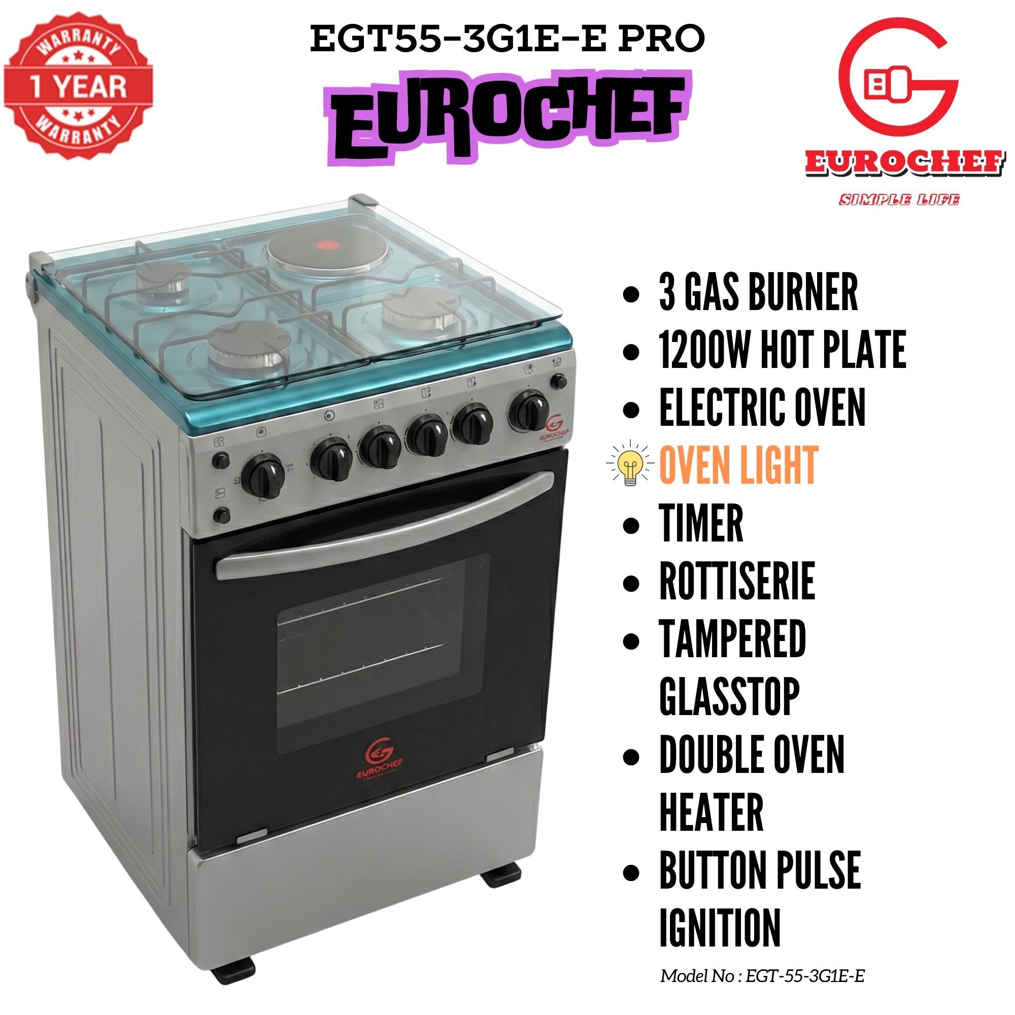 【LIMITED OFFER】 Eurochef EGT55-3G1E-E  55L Home Improvement  Free standing Gas Cooker  3 GAS + 1 Hot Plate  Kitchen appliance with electric oven