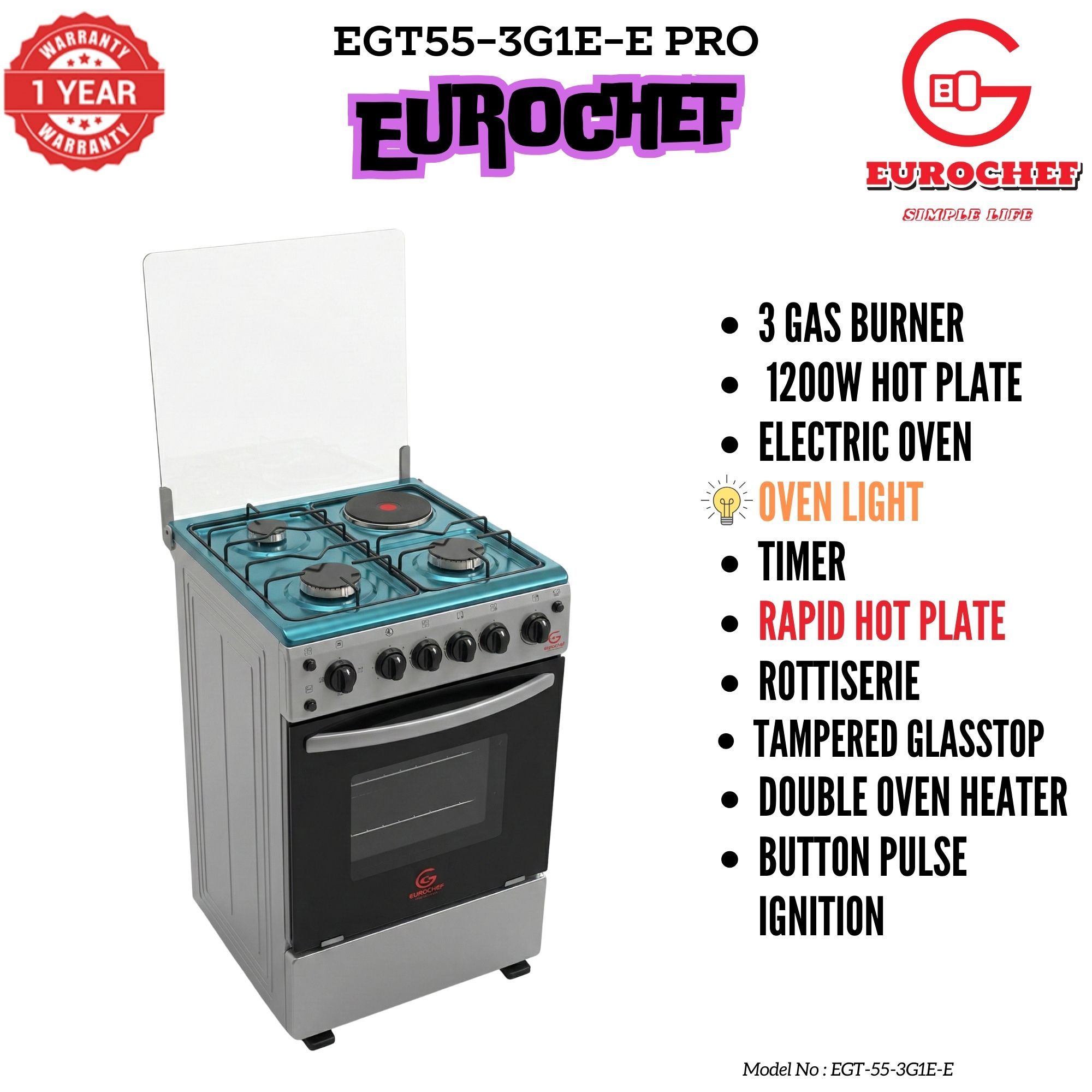 【LIMITED OFFER】 Eurochef EGT55-3G1E-E  55L Home Improvement  Free standing Gas Cooker  3 GAS + 1 Hot Plate  Kitchen appliance with electric oven