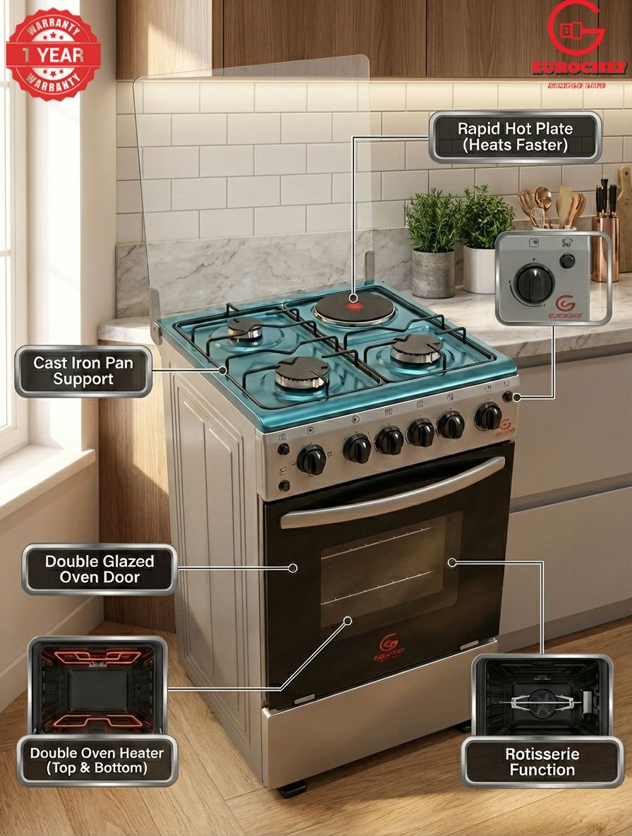 【LIMITED OFFER】 Eurochef EGT55-3G1E-E  55L Home Improvement  Free standing Gas Cooker  3 GAS + 1 Hot Plate  Kitchen appliance with electric oven