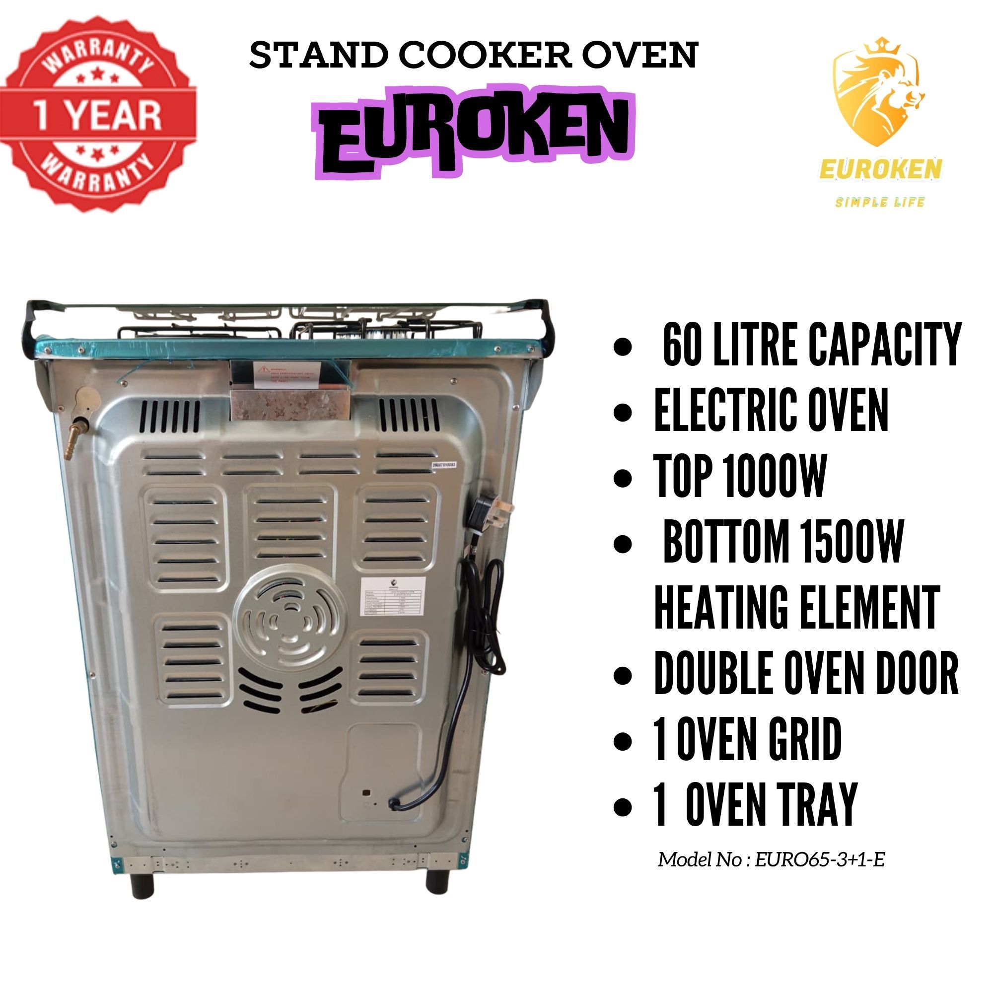 【LIMITED OFFER】 Euroken Euro65-3+1E-E  60l Home Improvement  Free Standing Cooker  3 Gas +1 Hotplate Kitchen Appliance With Electric Oven - 60x65cm