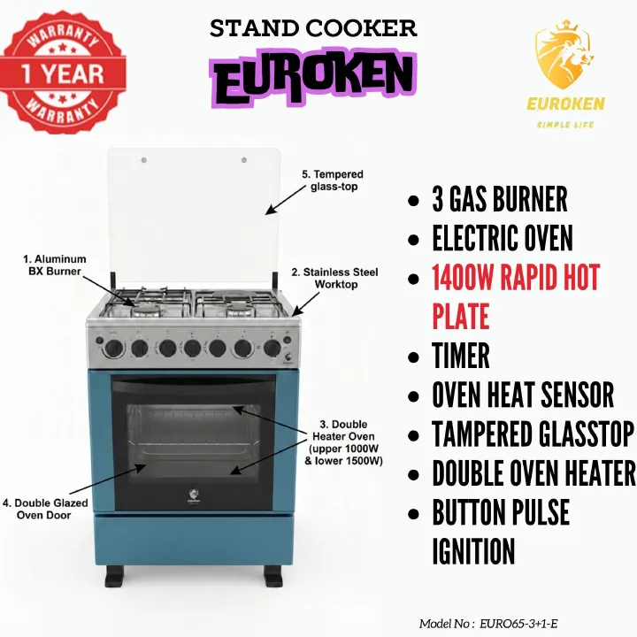 【LIMITED OFFER】 Euroken Euro65-3+1E-E  60l Home Improvement  Free Standing Cooker  3 Gas +1 Hotplate Kitchen Appliance With Electric Oven - 60x65cm