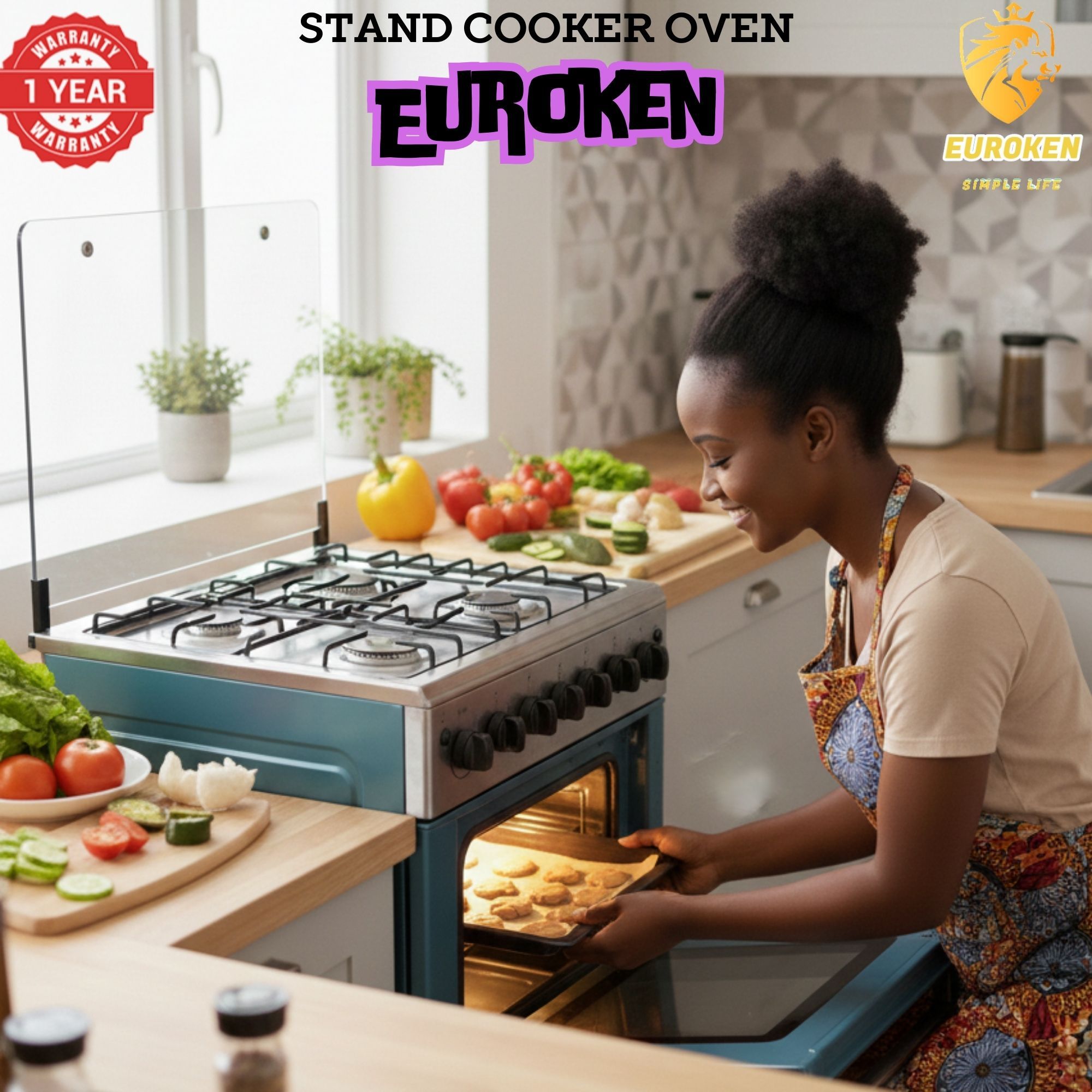 【LIMITED OFFER】 Euroken Euro65-3+1E-E  60l Home Improvement  Free Standing Cooker  3 Gas +1 Hotplate Kitchen Appliance With Electric Oven - 60x65cm