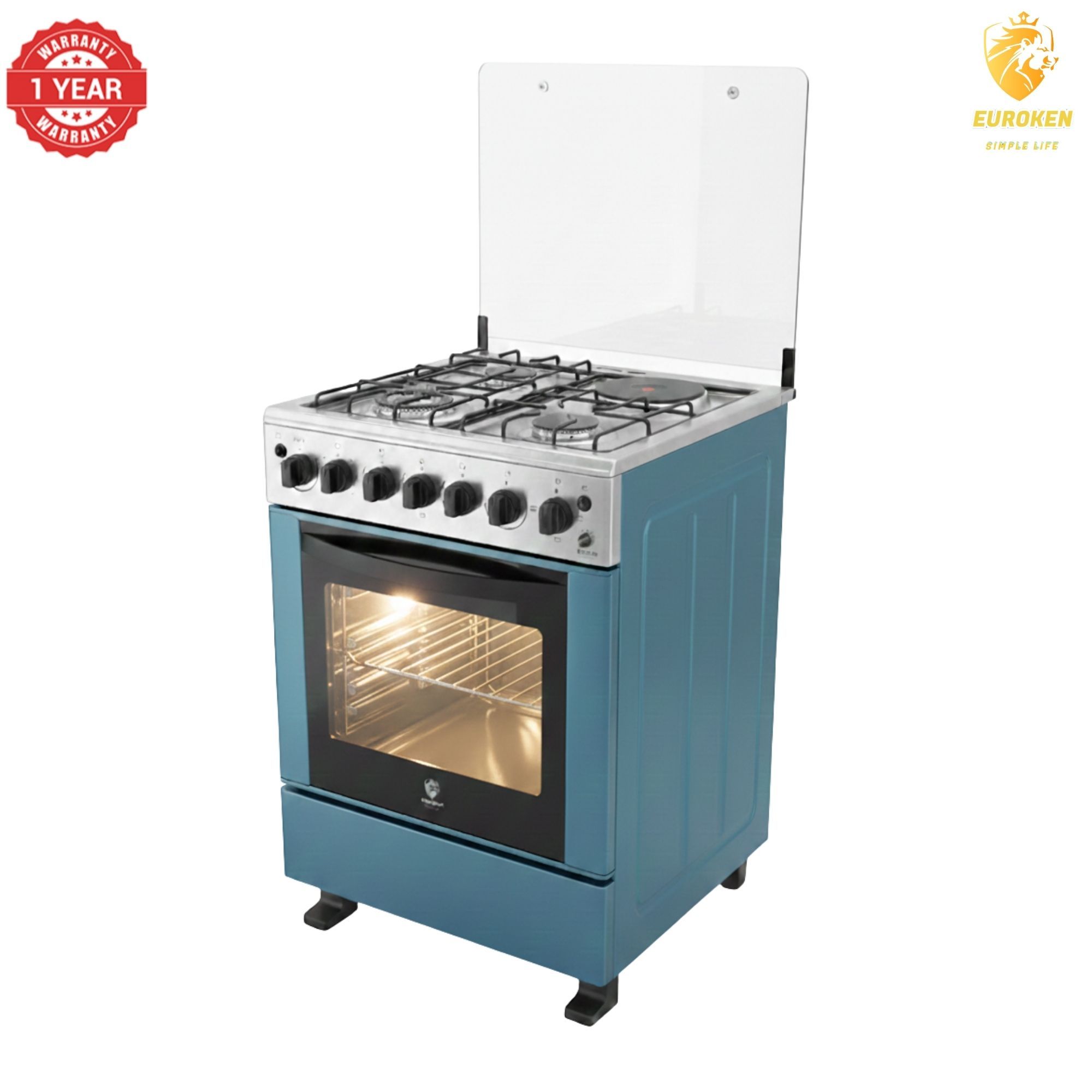 【LIMITED OFFER】 Euroken Euro65-3+1E-E  60l Home Improvement  Free Standing Cooker  3 Gas +1 Hotplate Kitchen Appliance With Electric Oven - 60x65cm