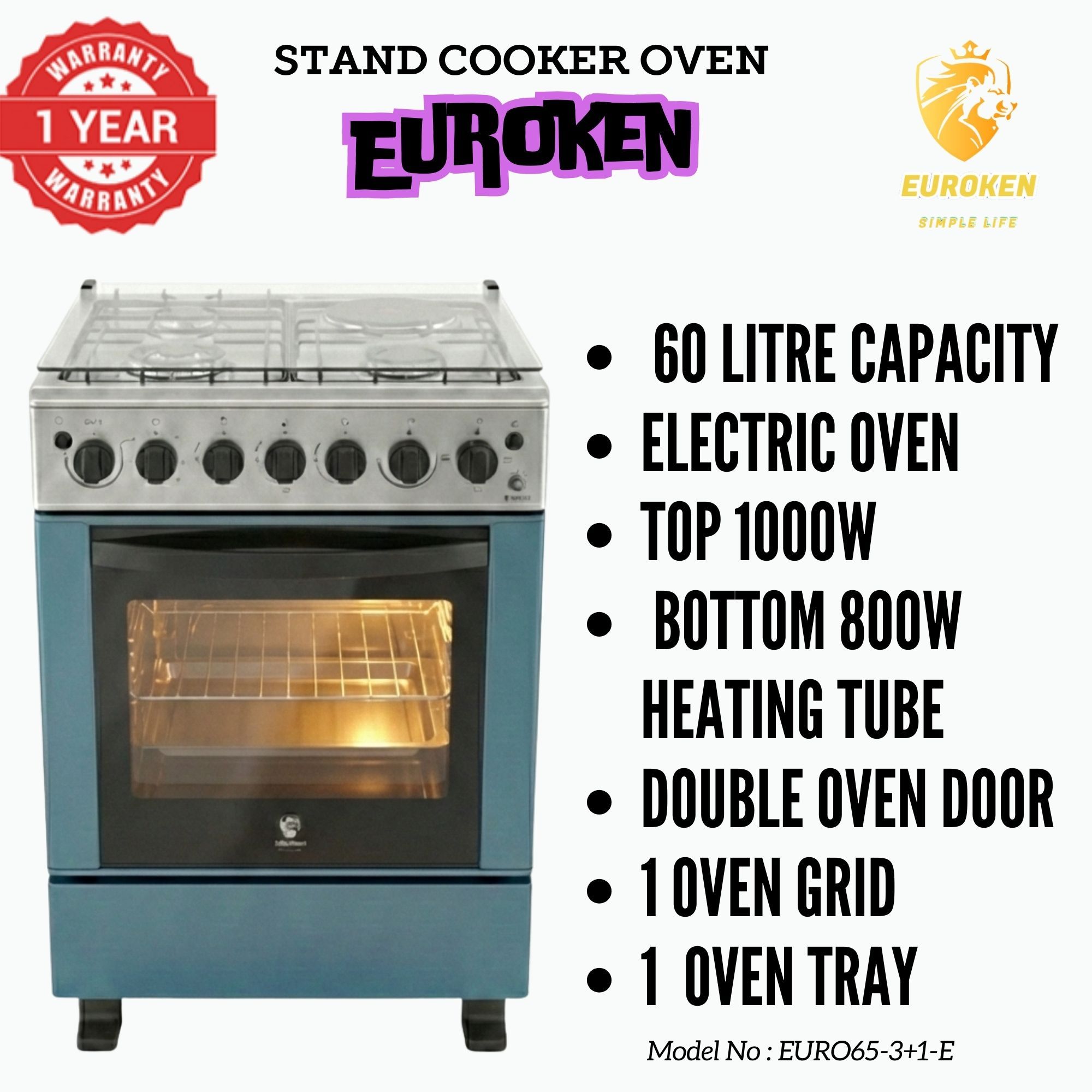【LIMITED OFFER】 Euroken Euro65-3+1E-E  60l Home Improvement  Free Standing Cooker  3 Gas +1 Hotplate Kitchen Appliance With Electric Oven - 60x65cm
