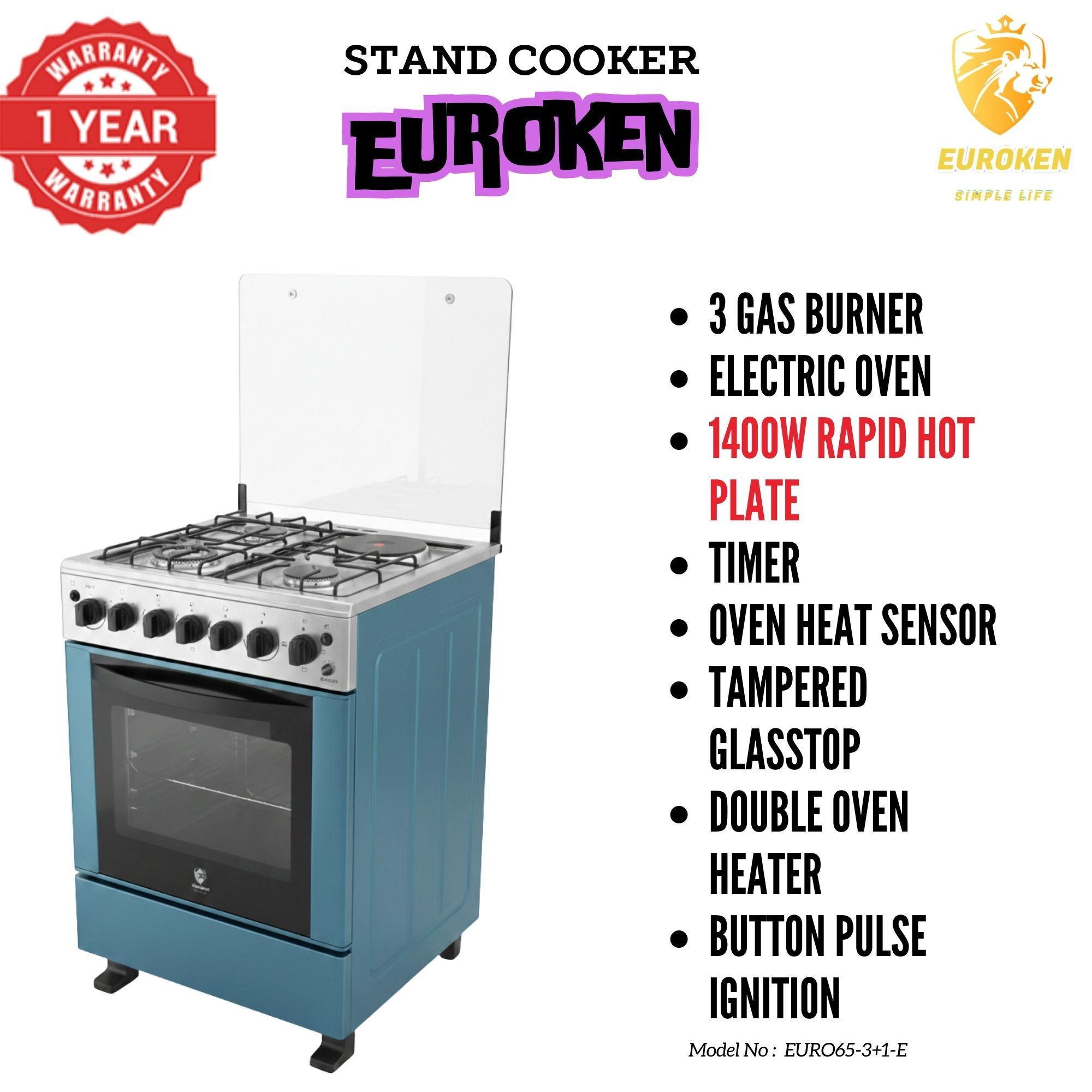 【LIMITED OFFER】 Euroken Euro65-3+1E-E  60l Home Improvement  Free Standing Cooker  3 Gas +1 Hotplate Kitchen Appliance With Electric Oven - 60x65cm