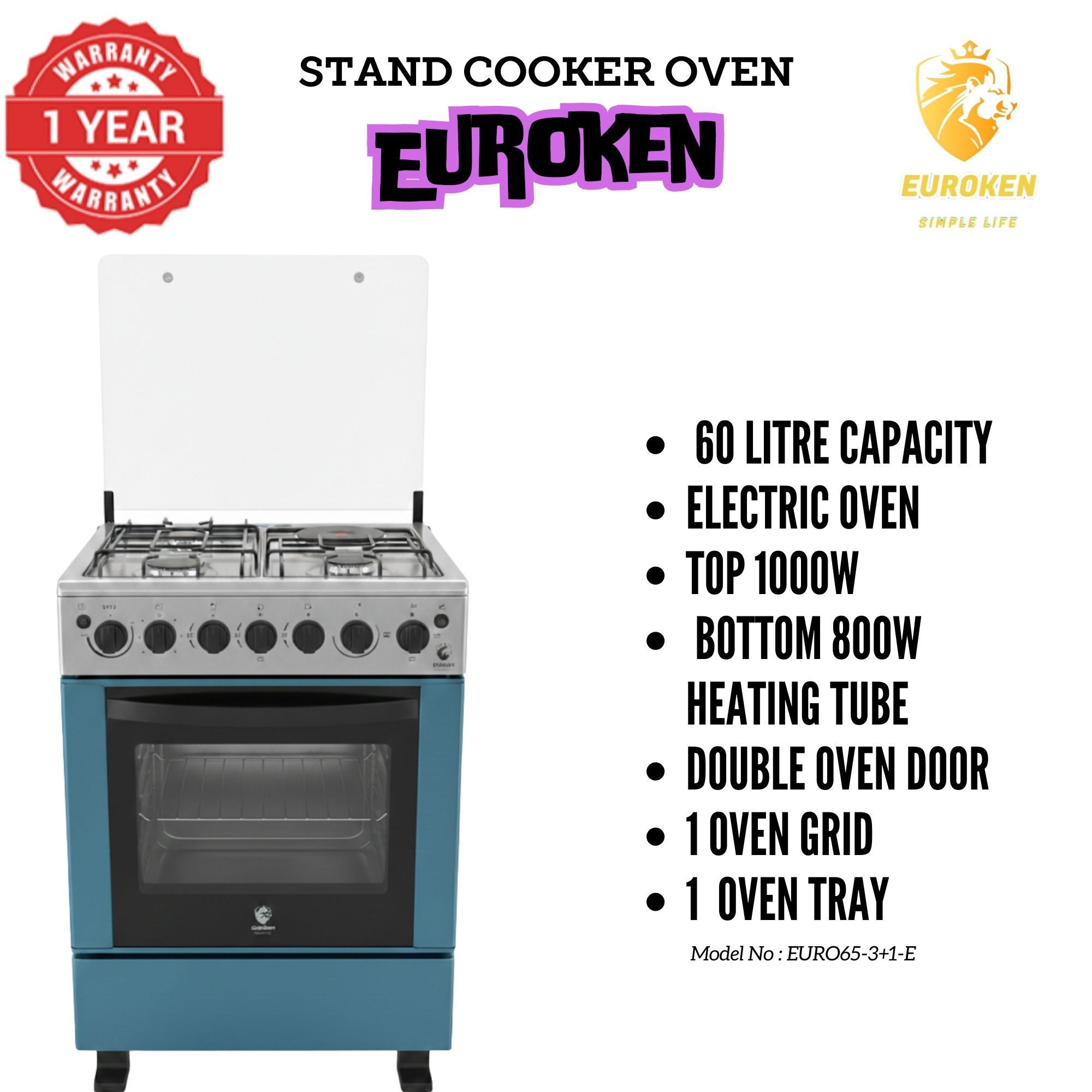 【LIMITED OFFER】 Euroken Euro65-3+1E-E  60l Home Improvement  Free Standing Cooker  3 Gas +1 Hotplate Kitchen Appliance With Electric Oven - 60x65cm